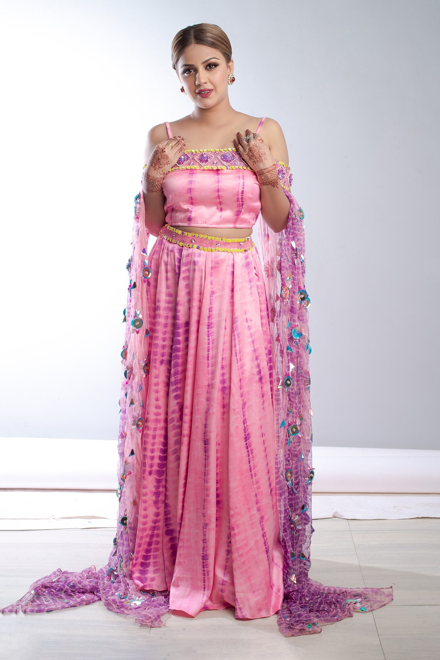 Buy Pink 100 Nylon Mesh Embroidered Sequin Work Square Cape Lehenga