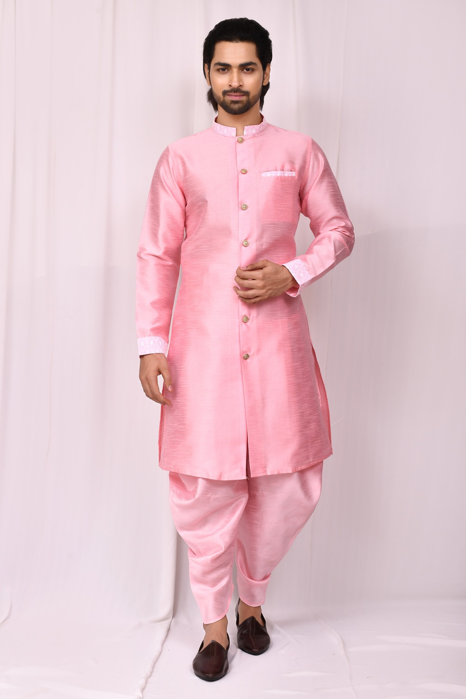 Buy Pink Art Silk Embroidered Thread Work Button Down Kurta And Dhoti