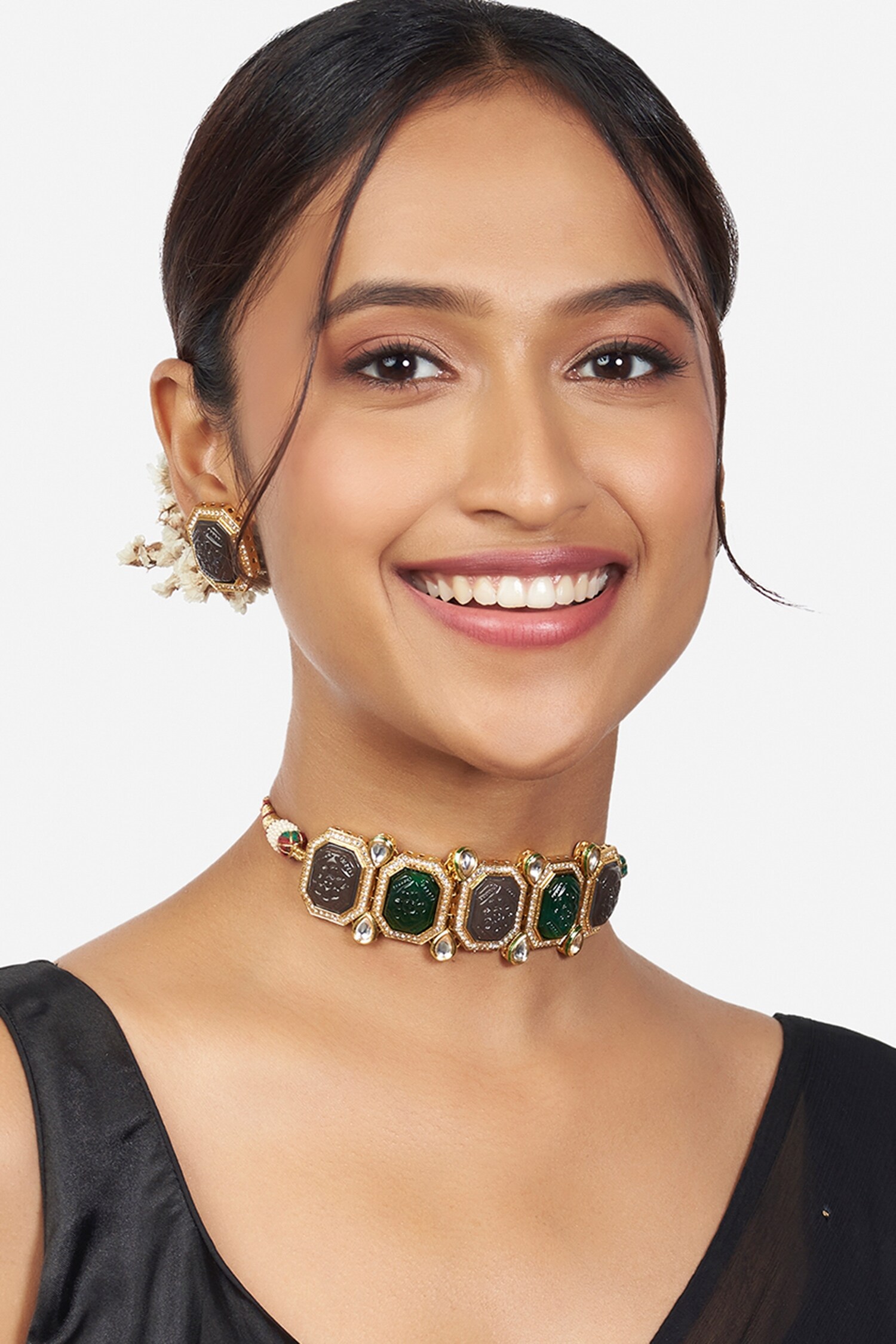 Buy Gold Plated Kundan Multi Layered Carved Stone Choker Set By Joules