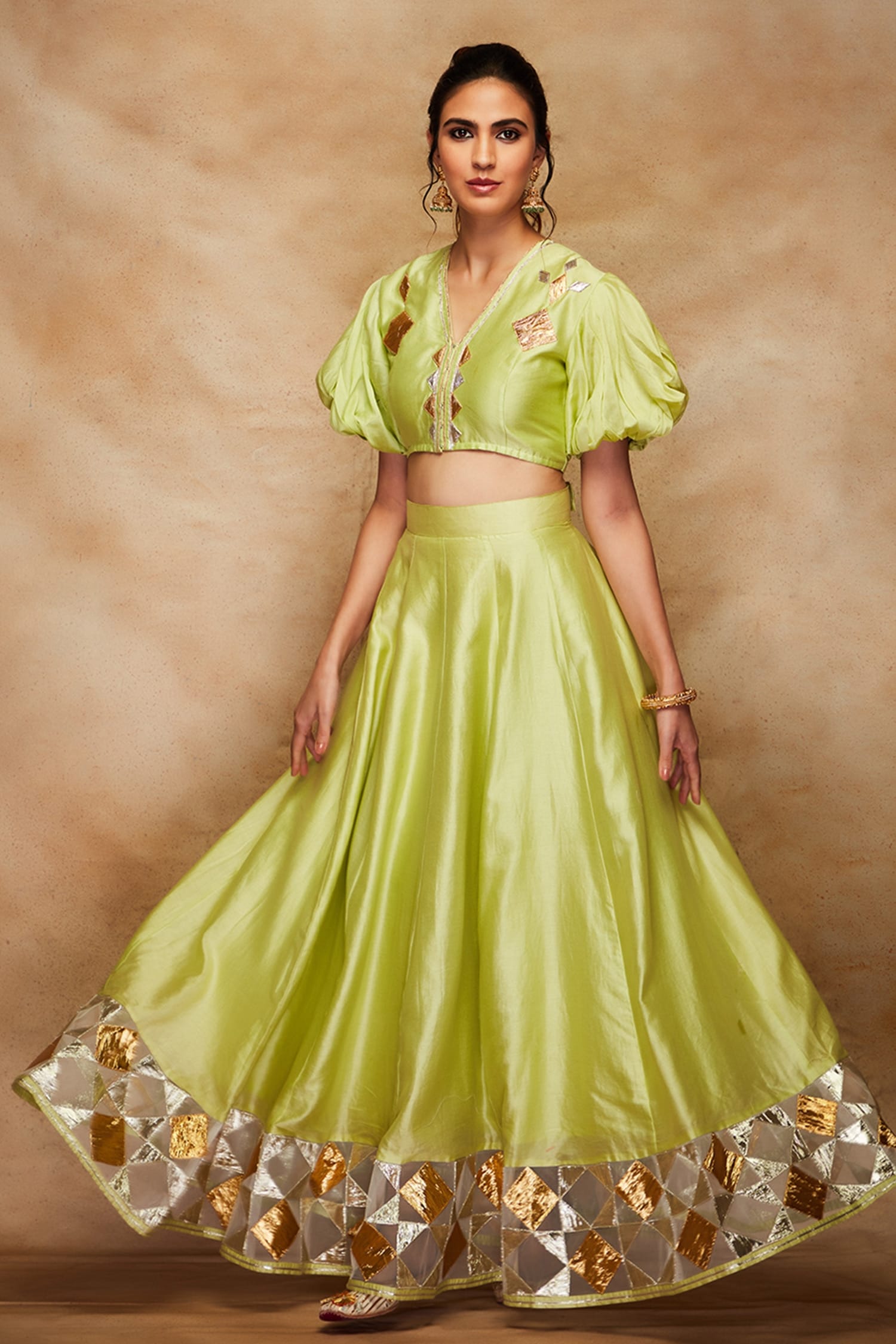 Buy Green Pure Chanderi Silk Embroidered Gota Lehenga For Women By