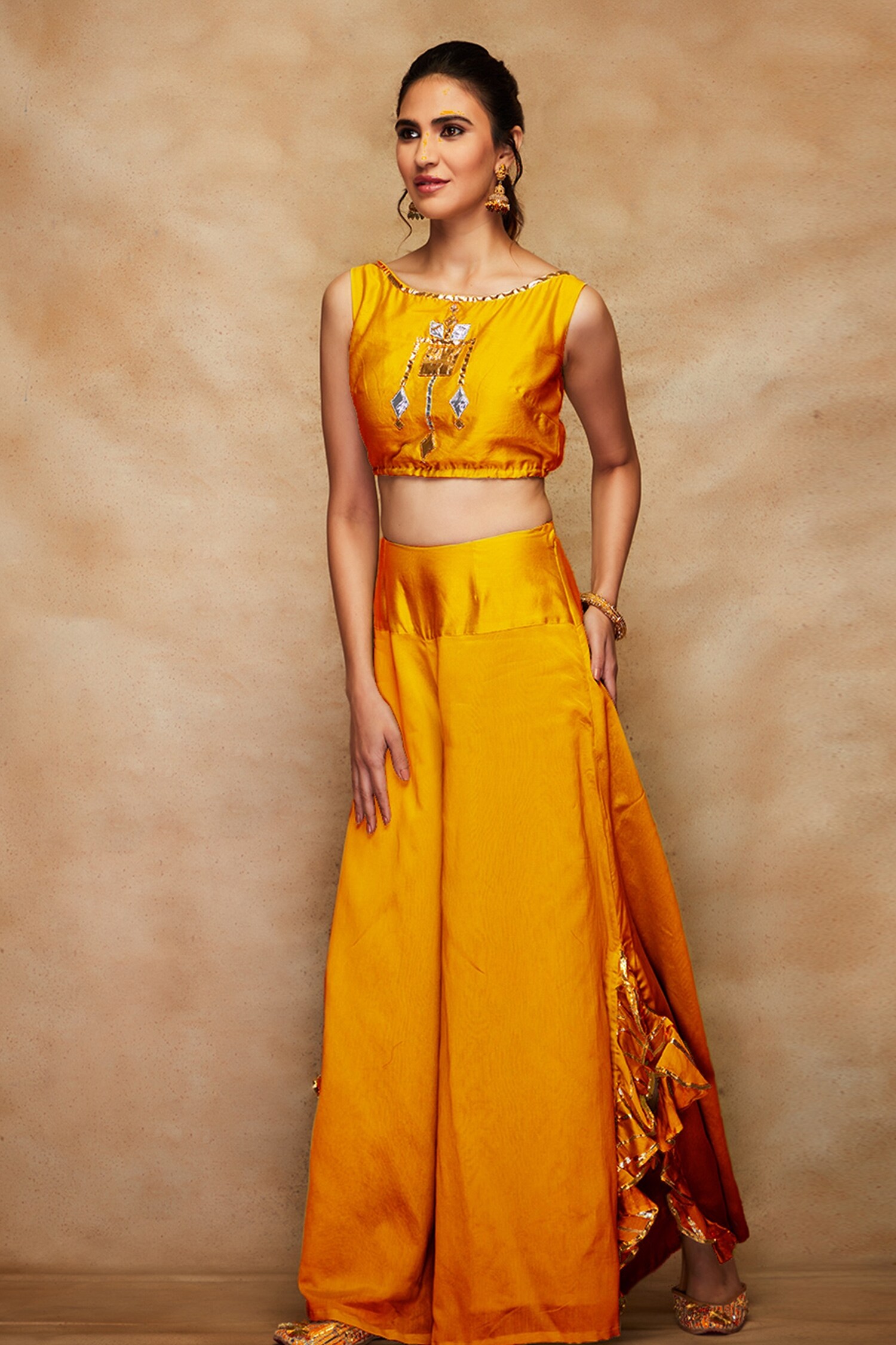 Buy Gulabo By Abu Sandeep Yellow Chanderi Silk Gota Work Crop Top