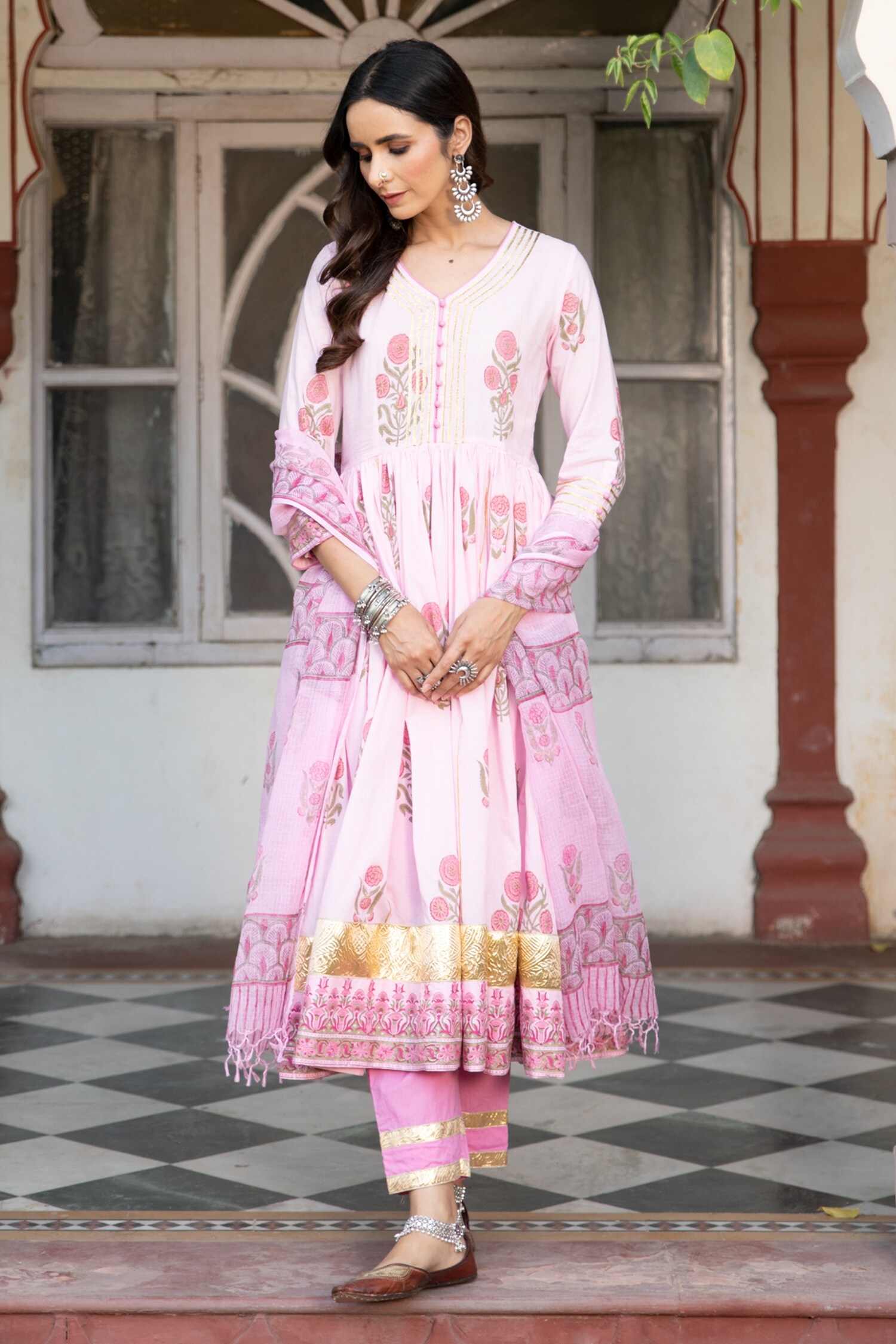 Buy Pink Cotton Printed Floral V Chaand Tahira Mughal Anarkali Set For