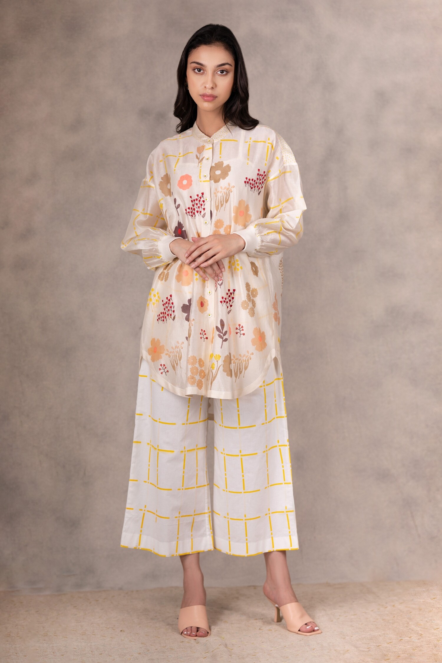 Buy Ivory Chanderi Silk Printed Floral Mandarin Collar Tunic And Pant