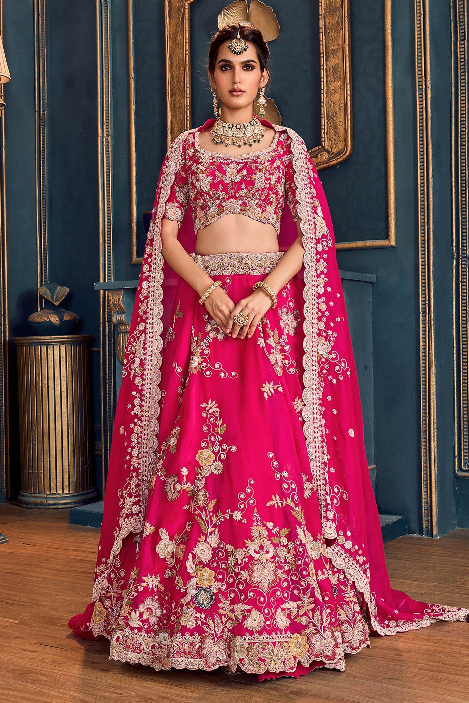 Buy Fuchsia Dupatta Organza Embroidery Floral Zardozi Bridal Lehenga