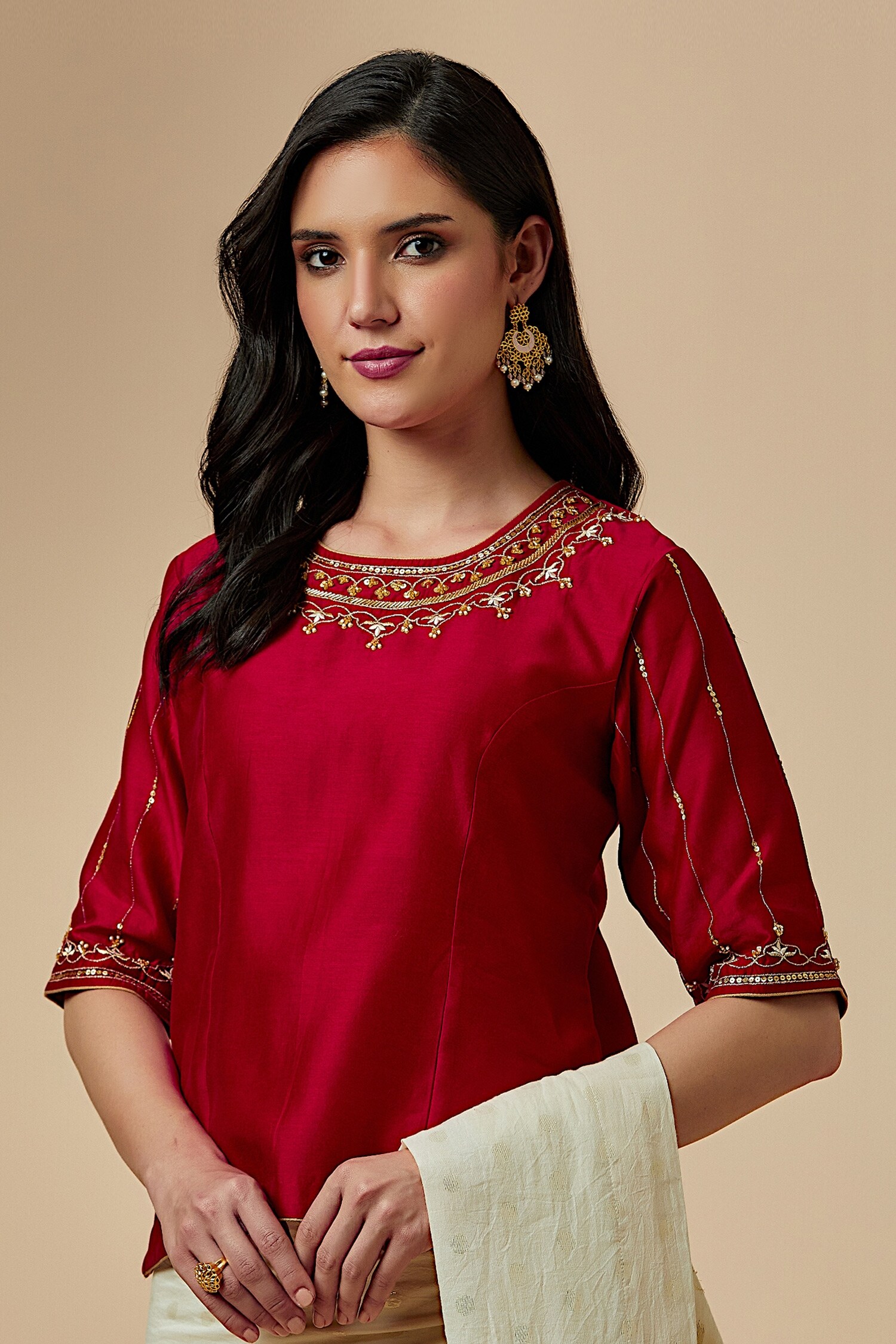 Buy Red Silk Chanderi Embroidered Floral Round Blouse For Women By