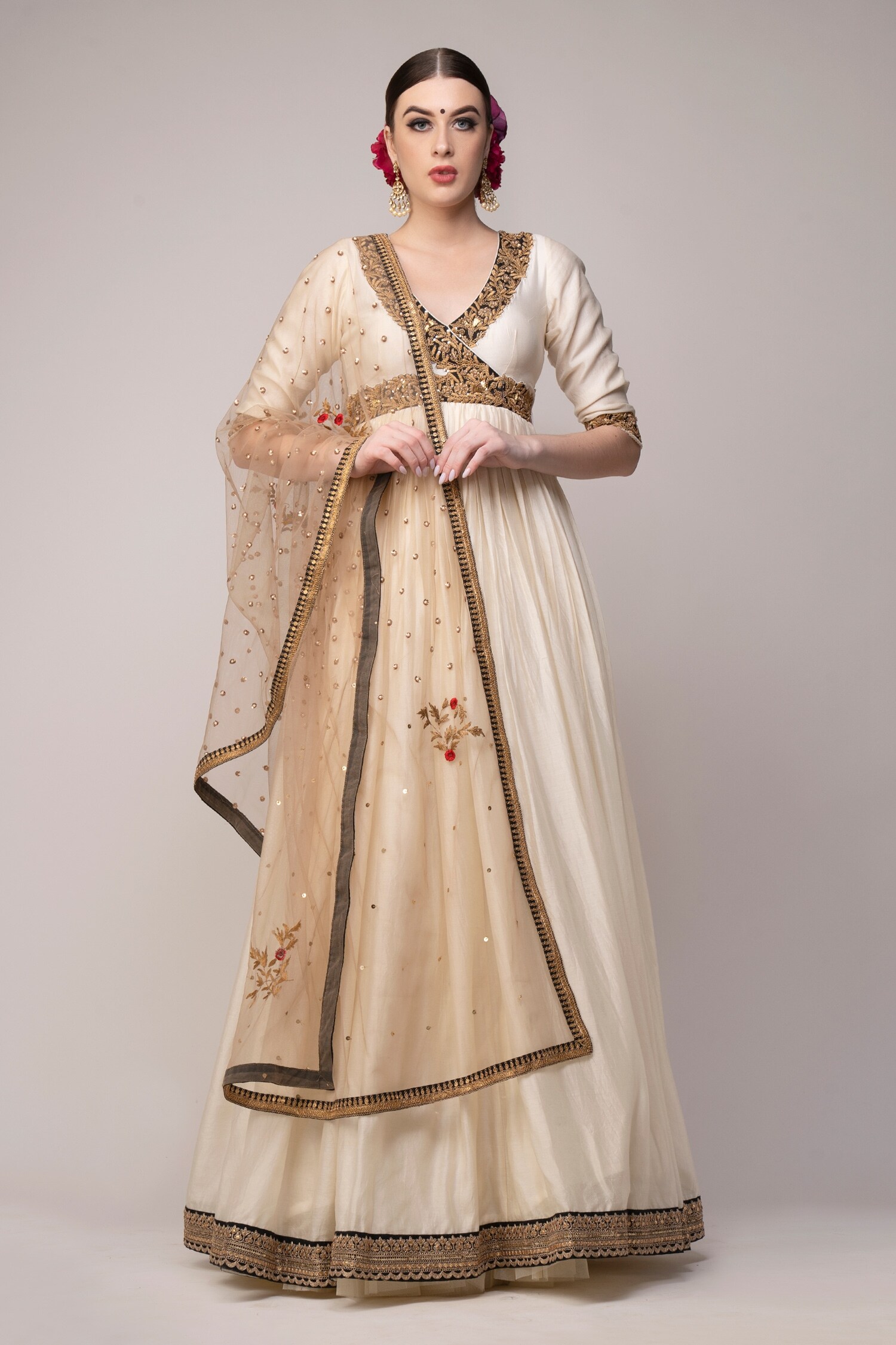 Buy Cream Angrakha Chanderi Embroidered Kashmiri V Neck With Net