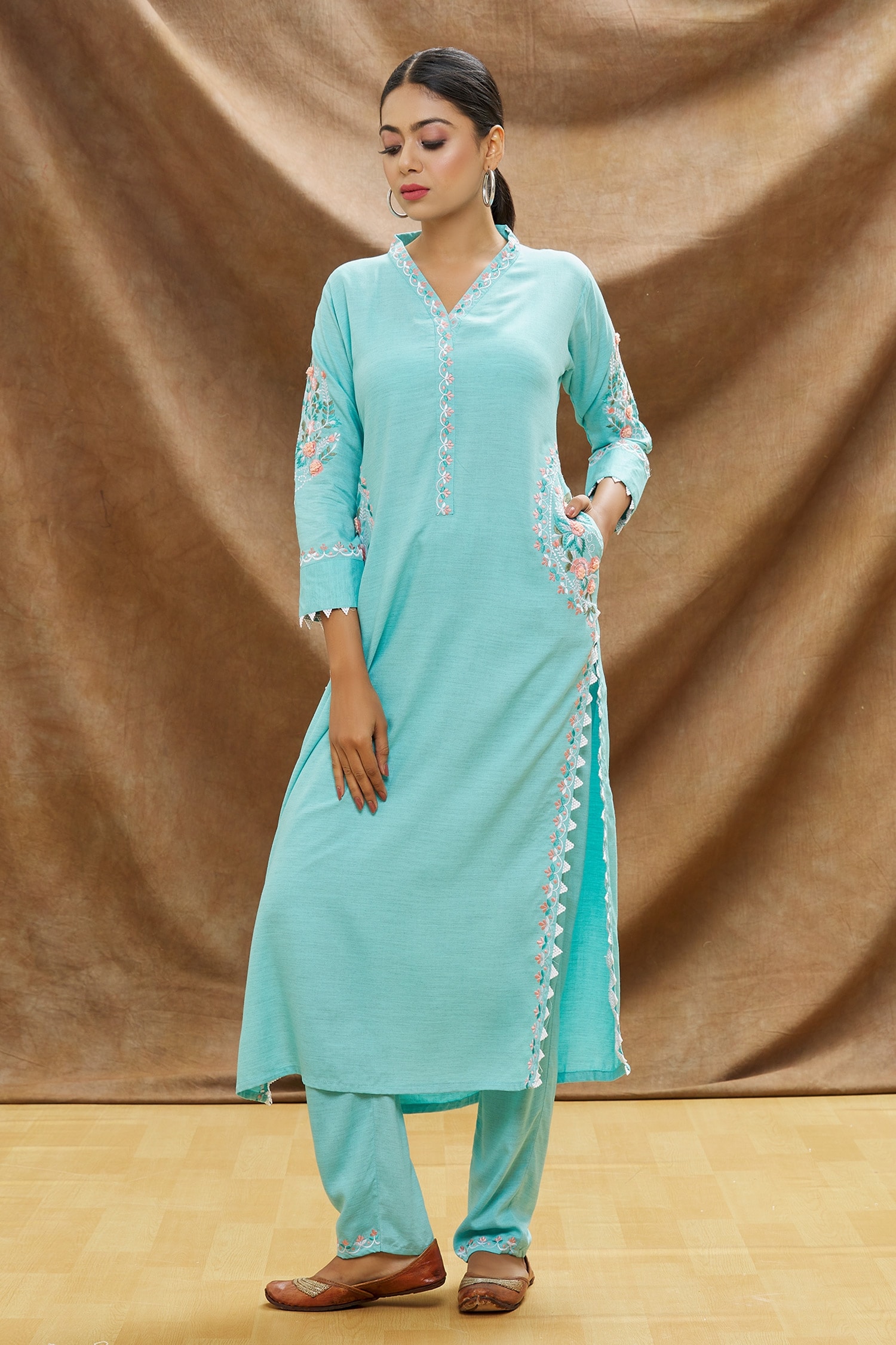 Buy Blue Cotton Embroidered Kurta And Pant Set For Women By Adara Khan