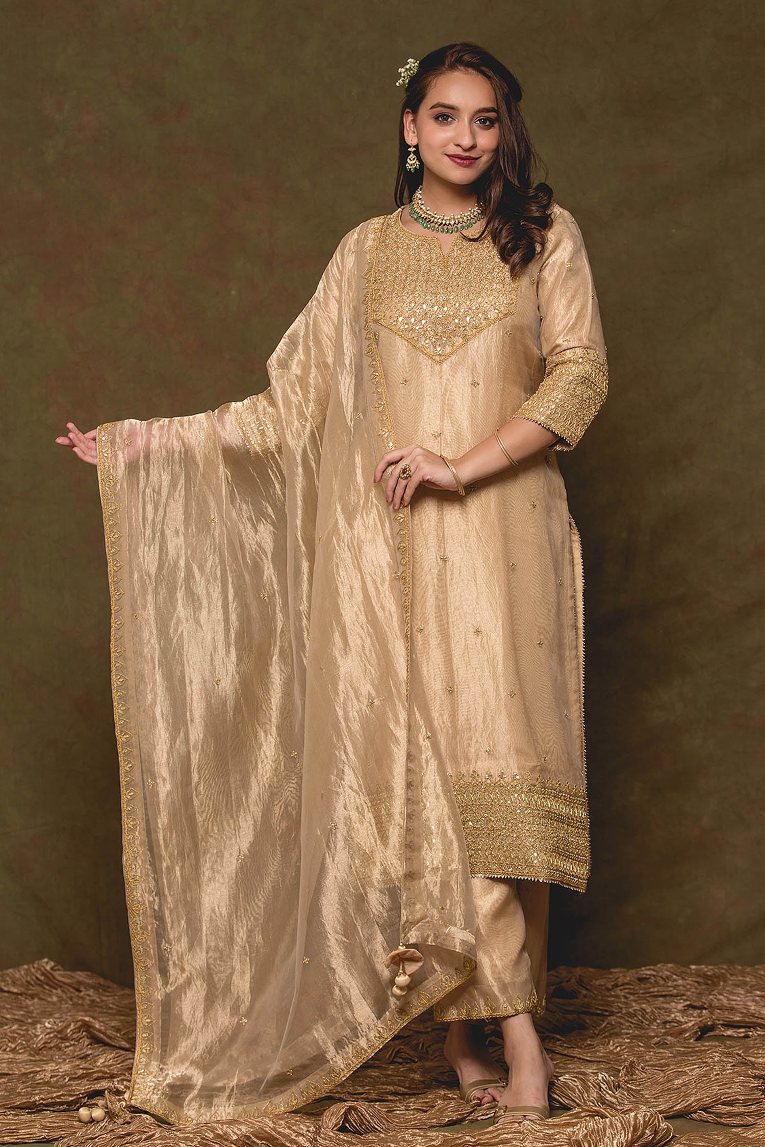 Buy Gold Pure Tissue Embroidery Mirror Notched Kurta Set For Women By