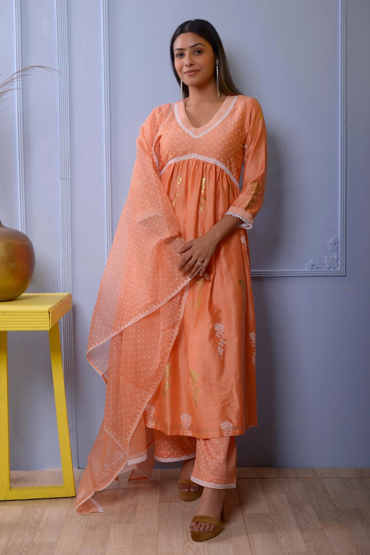 Buy Abbaran Peach Chanderi Gathered Kurta Palazzo Set Online Aza Fashions