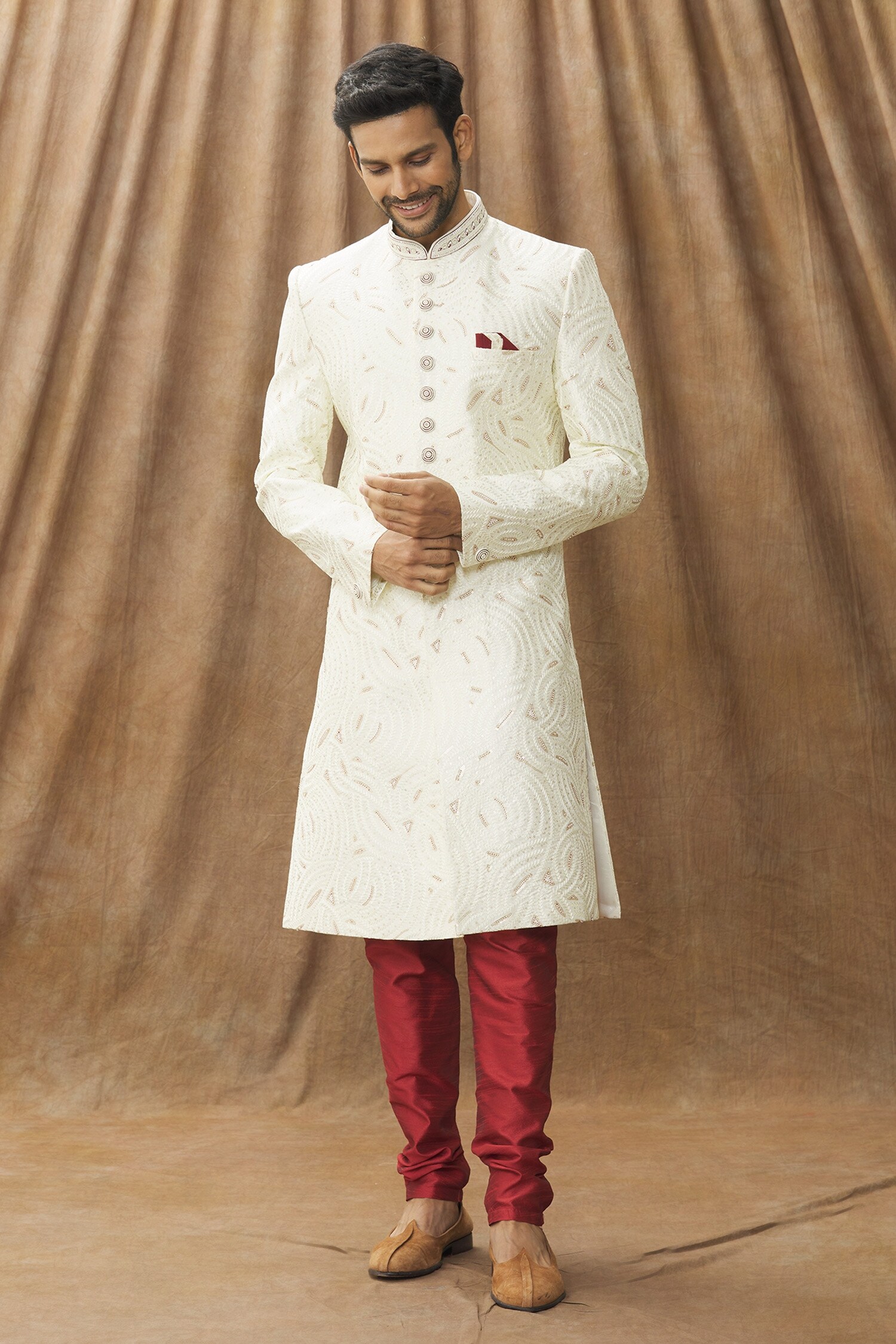 Buy Cream Sherwani Art Silk Embroidery Thread Work With Churidar For