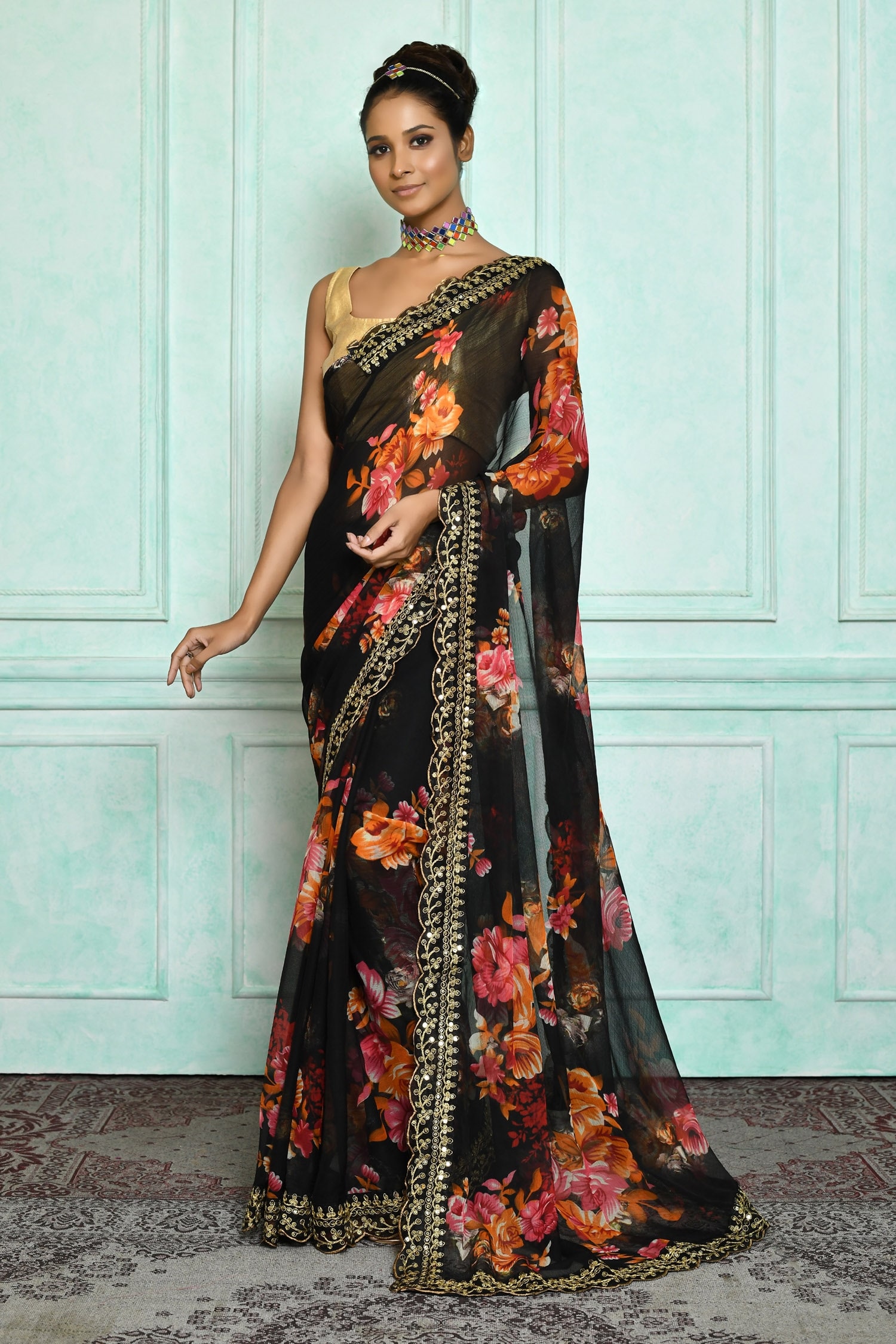 Buy Black Saree Georgette Printed Floral Pattern For Women By Nazaakat