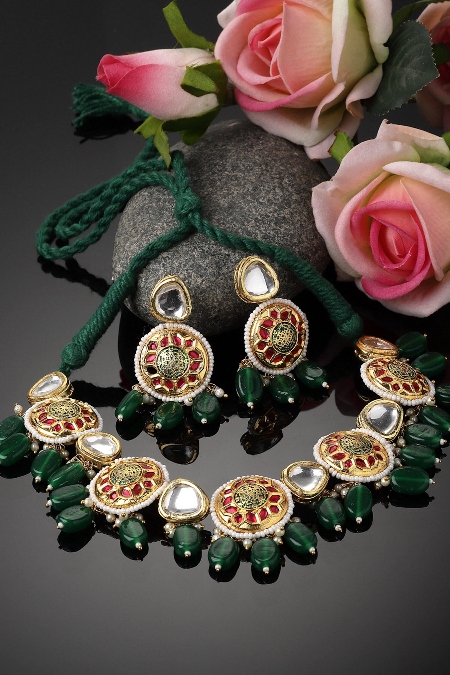 Buy Green Kundan Natural Stone And Embellished Necklace Set By Dugran