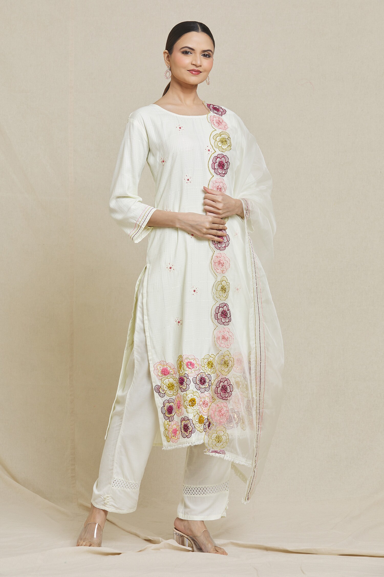 Buy White Viscose Rayon Embroidery Floral Round Neck Bloom Hem Kurta