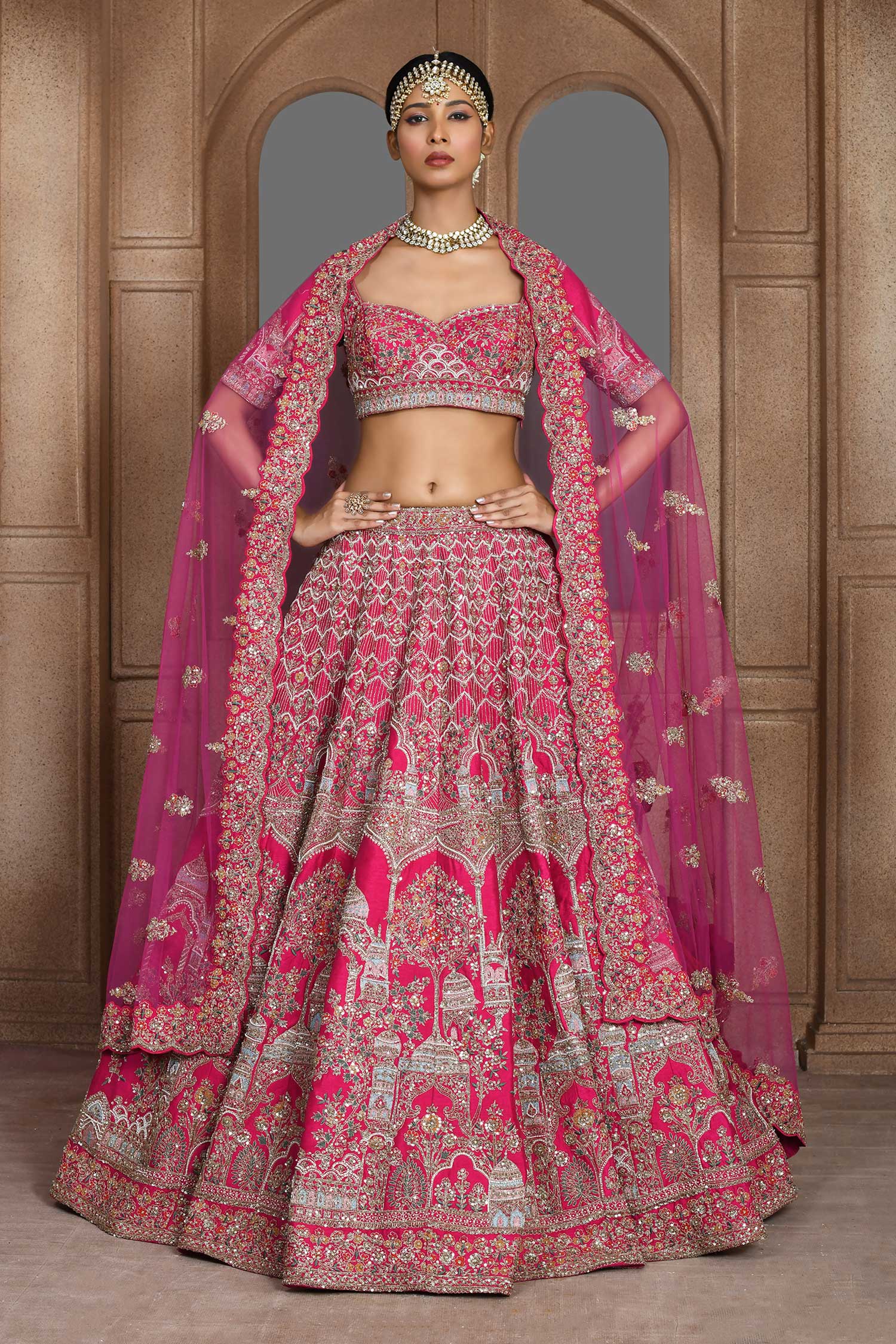 Buy Pink Raw Silk Embroidered Thread And Lucknowi Bridal Lehenga Set