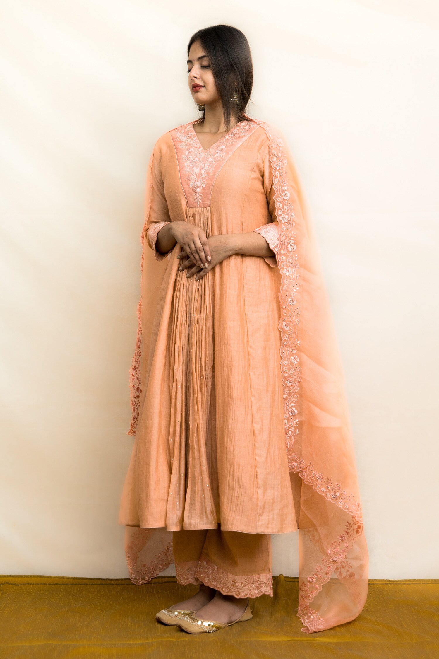 Buy Mithi Supari Peach Malai Chanderi Parijat Neck Embroidered Anarkali