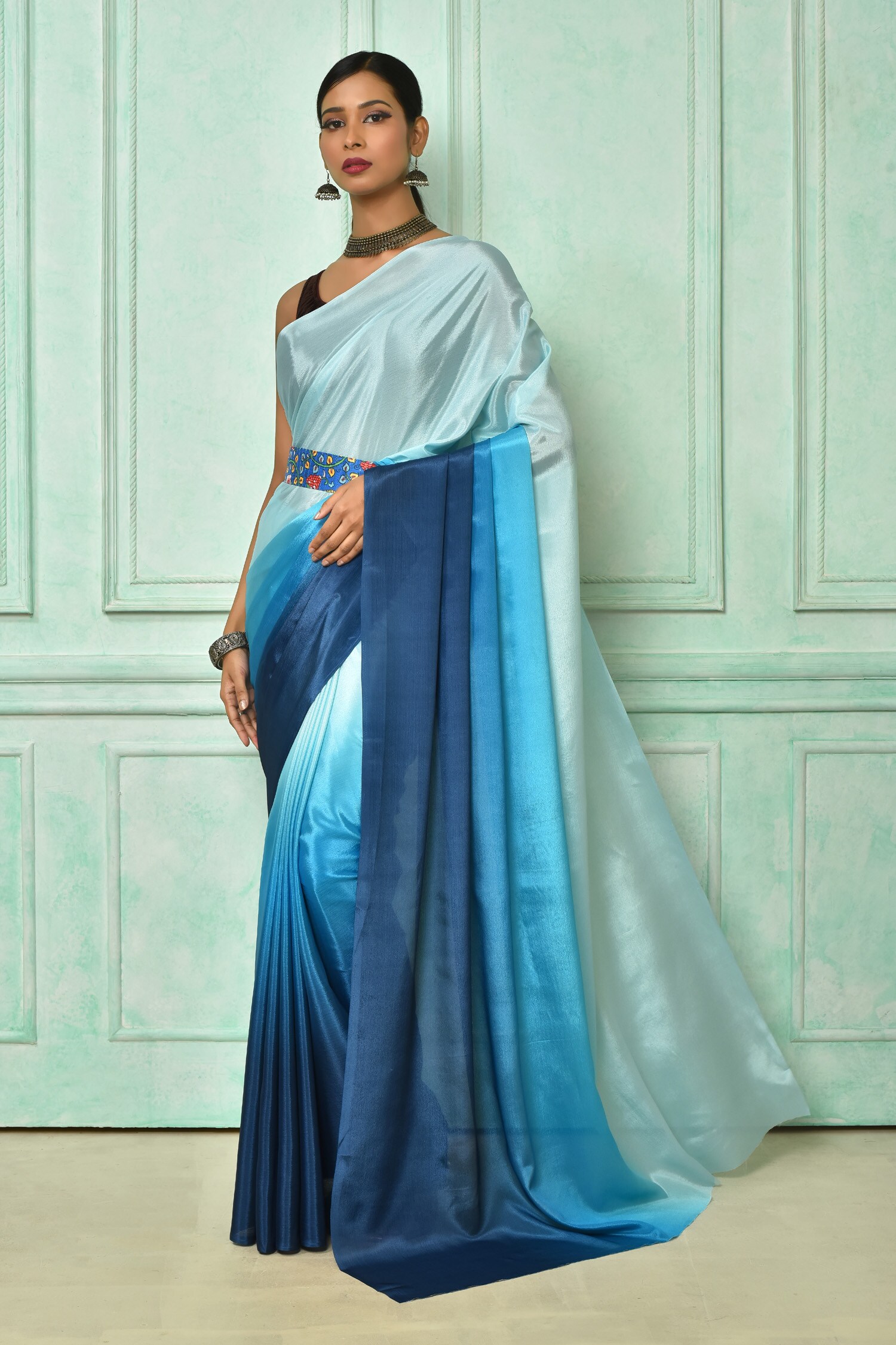 Buy Multi Color Chinon Crepe Ombre Tonal Shaded Saree With Running