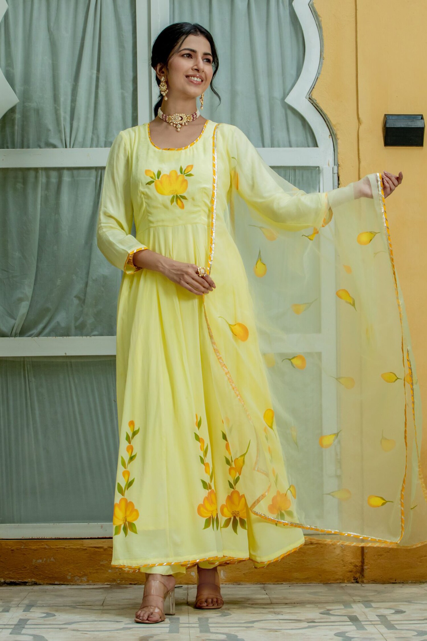 Buy Yellow Crepe Silk Hand Print Floral Round Neck Anarkali Set For