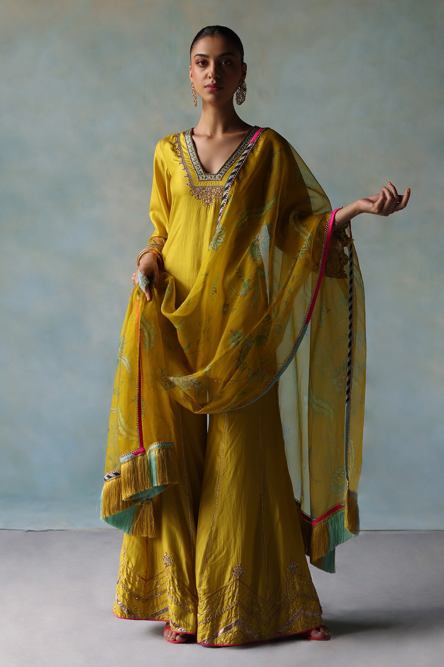 Buy Rajiramniq Yellow Silk Placement Sequin Embroidered Kurta Set