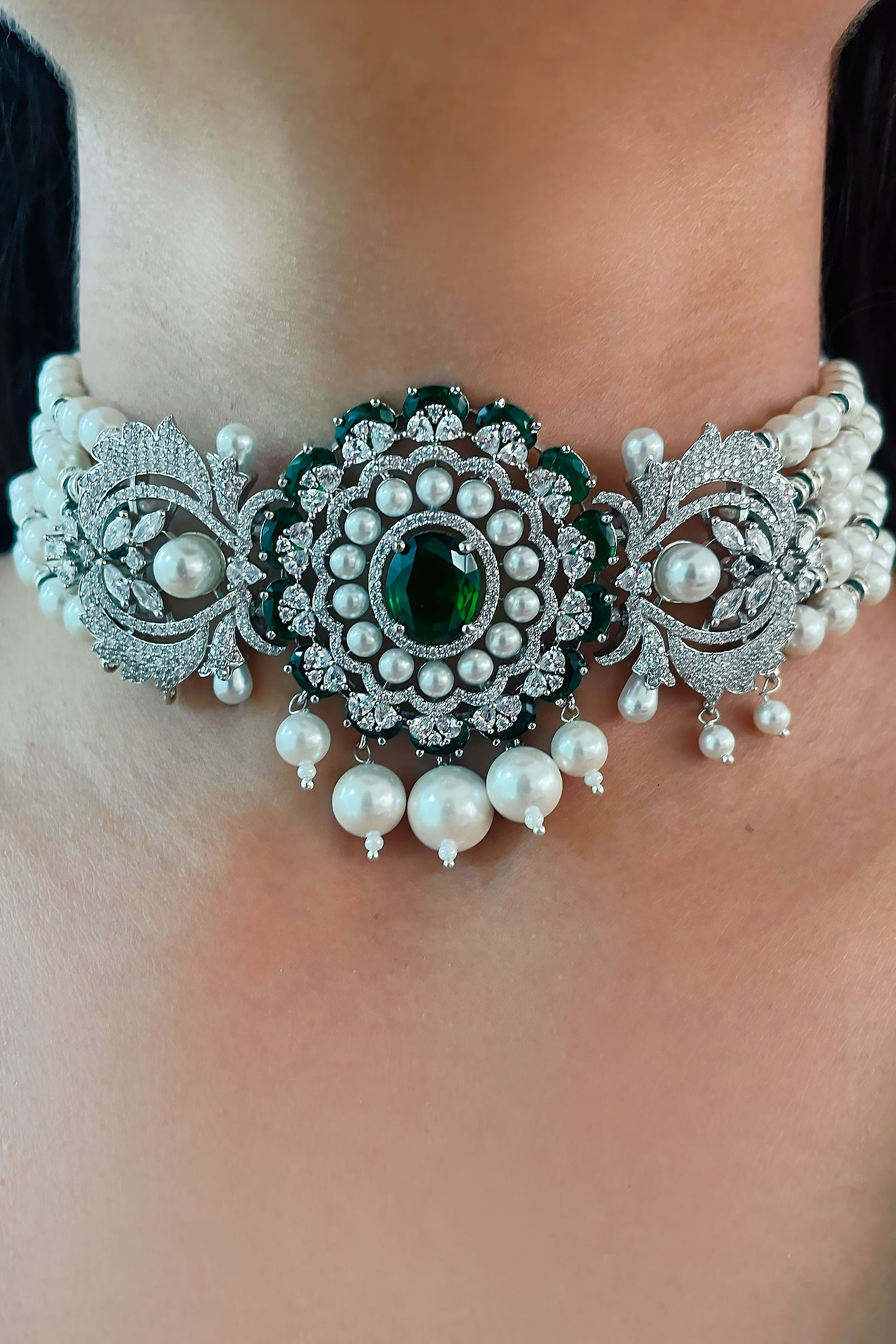 Buy Green Emerald Victoria Embellished Choker Necklace By Prerto Online