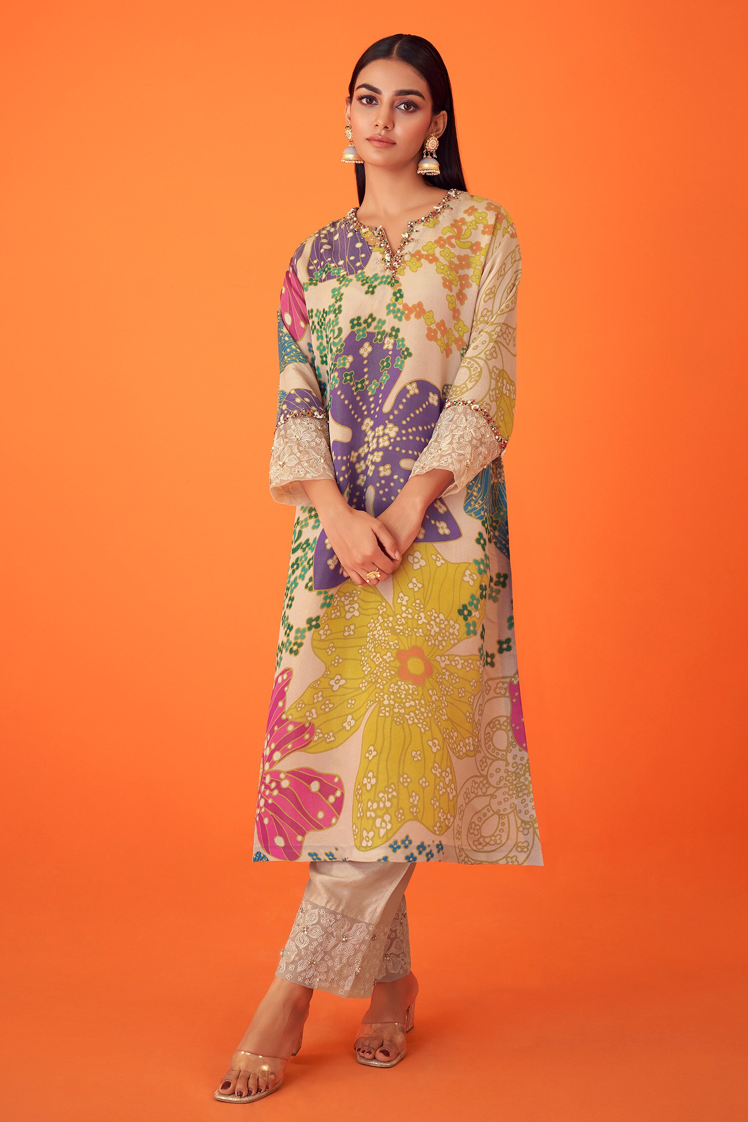 Buy Multi Color Tissue Organza Printed Floral Notched Bright Kurta With