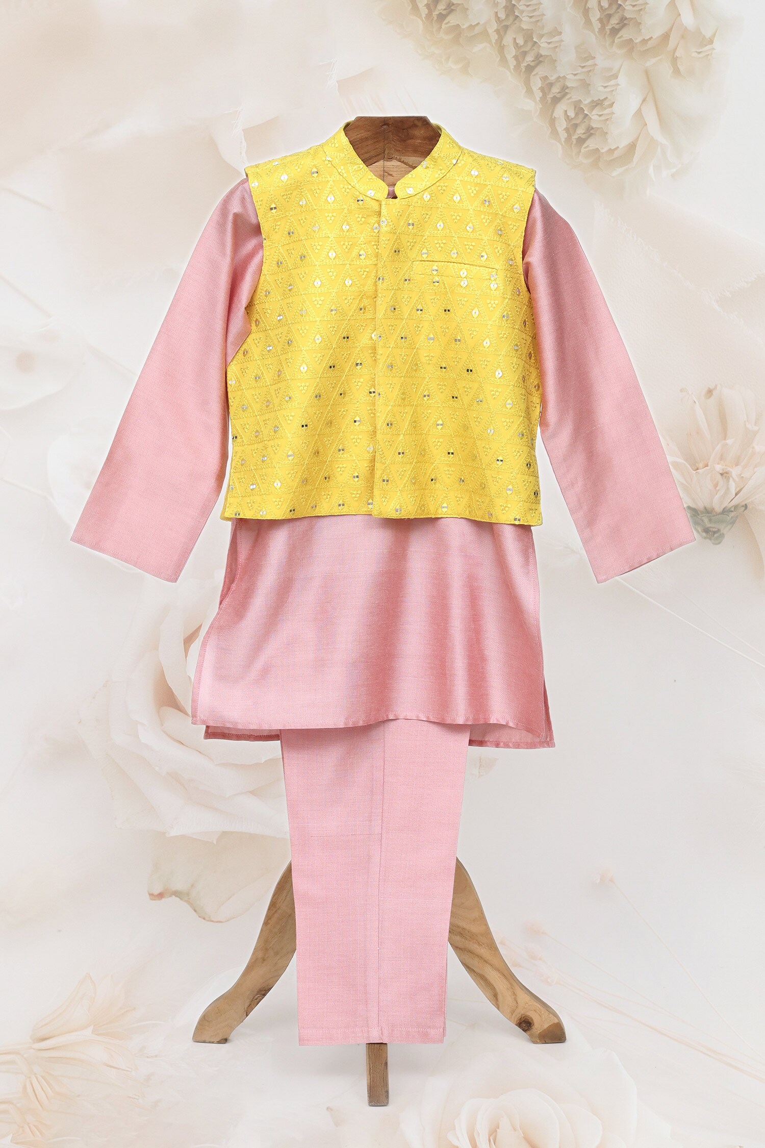 Buy MINIME ORGANICS Yellow Mirror Embroidered Jacket And Kurta Set For