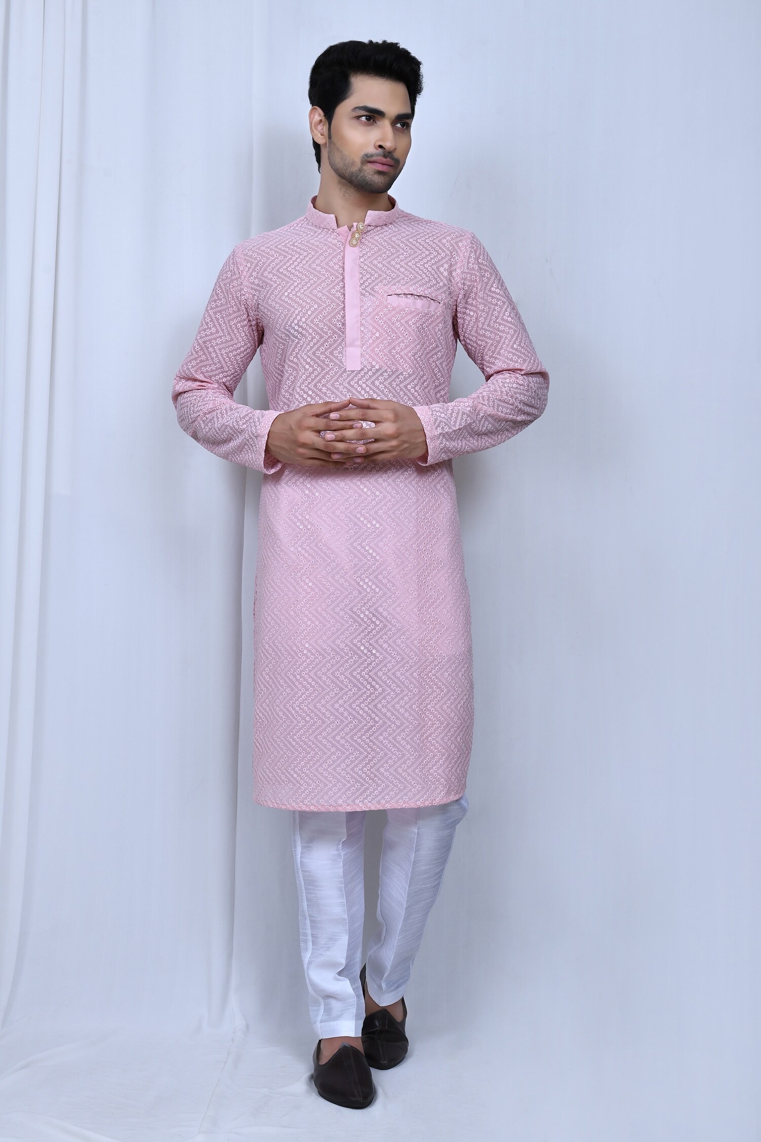 Buy Pink Kurta Georgette Embroidered Chikan Thread Work Pant Set For