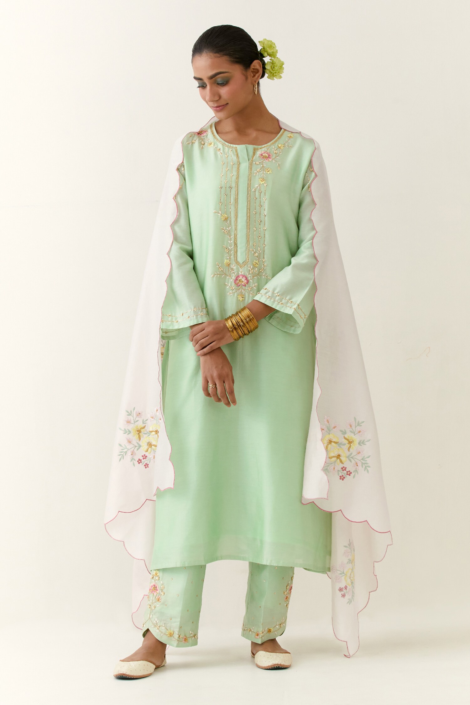 Buy Green Silk Chanderi Embroidered Floral Round Kurta Palazzo Set For