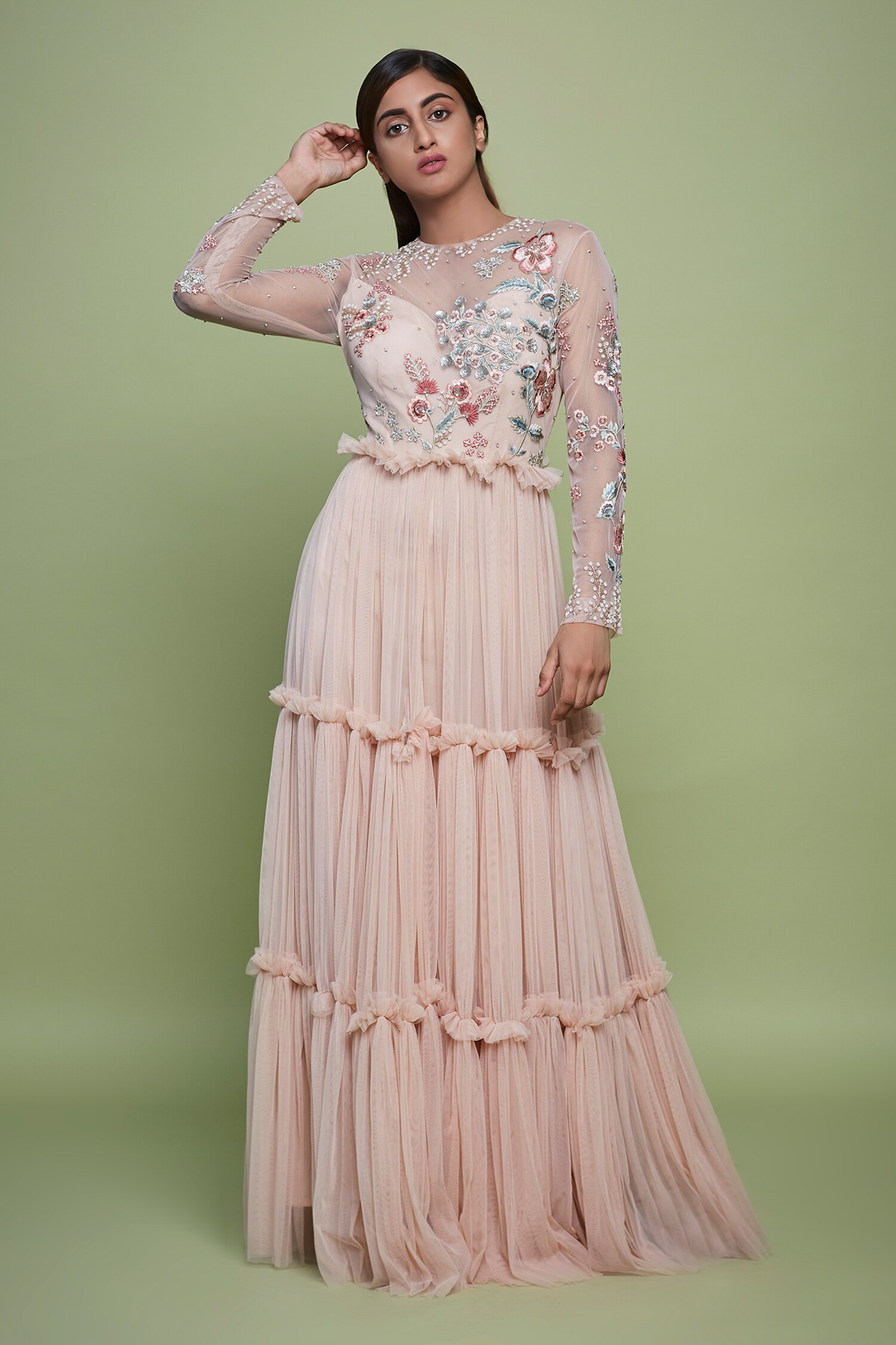 Buy Beige Net Embroidery Floral Round Neck Bloom Bodice Gown For Women