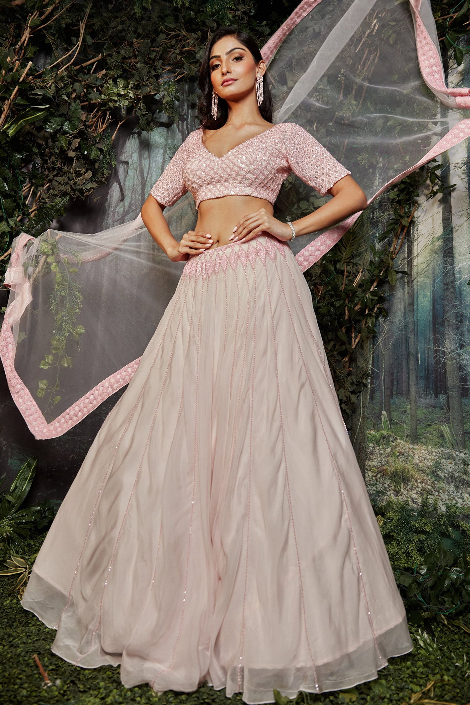 Buy Pink Organza Hand Embroidered Crystals V Neck Blouse Lehenga Set