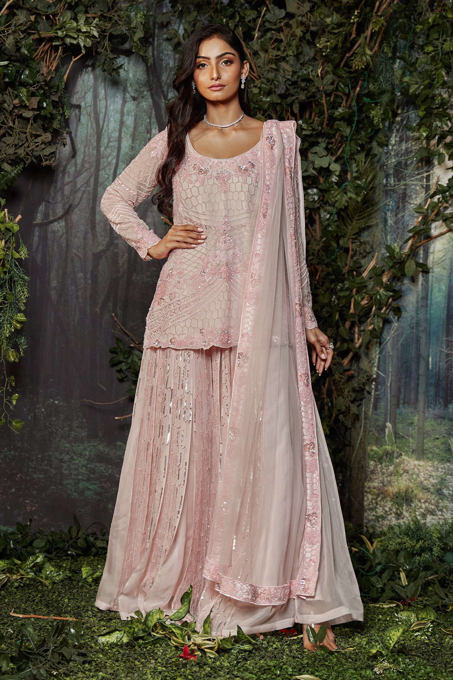 Buy Pink Organza Hand Embroidered Crystals Round Kurta Sharara Set For