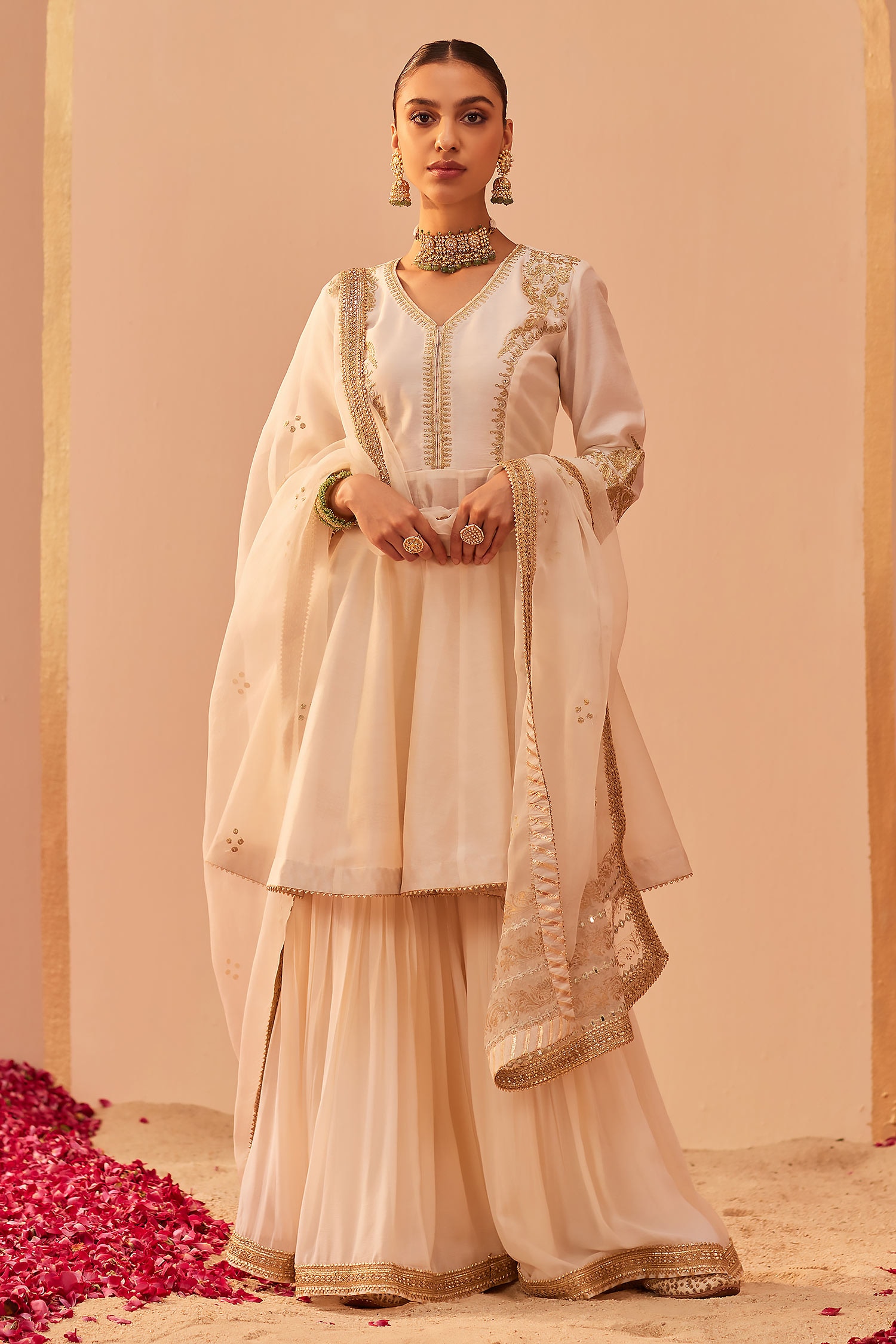 Buy Ivory Kurta Silk Chanderi Embroidery Tilla Fatima Peplum Anarkali