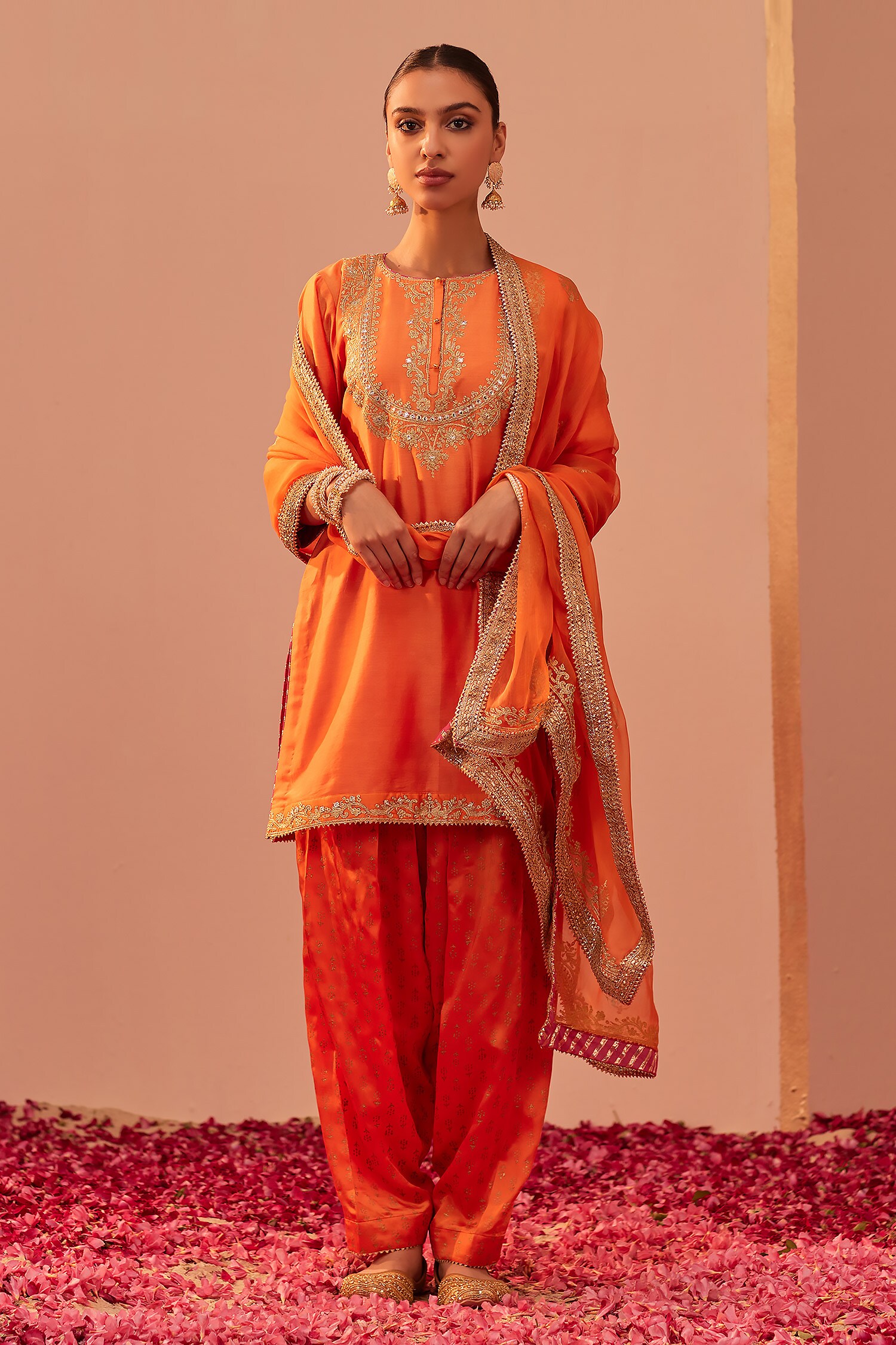 Buy Orange Kurta Silk Chanderi Embroidery Tilla Round Nafisah Short