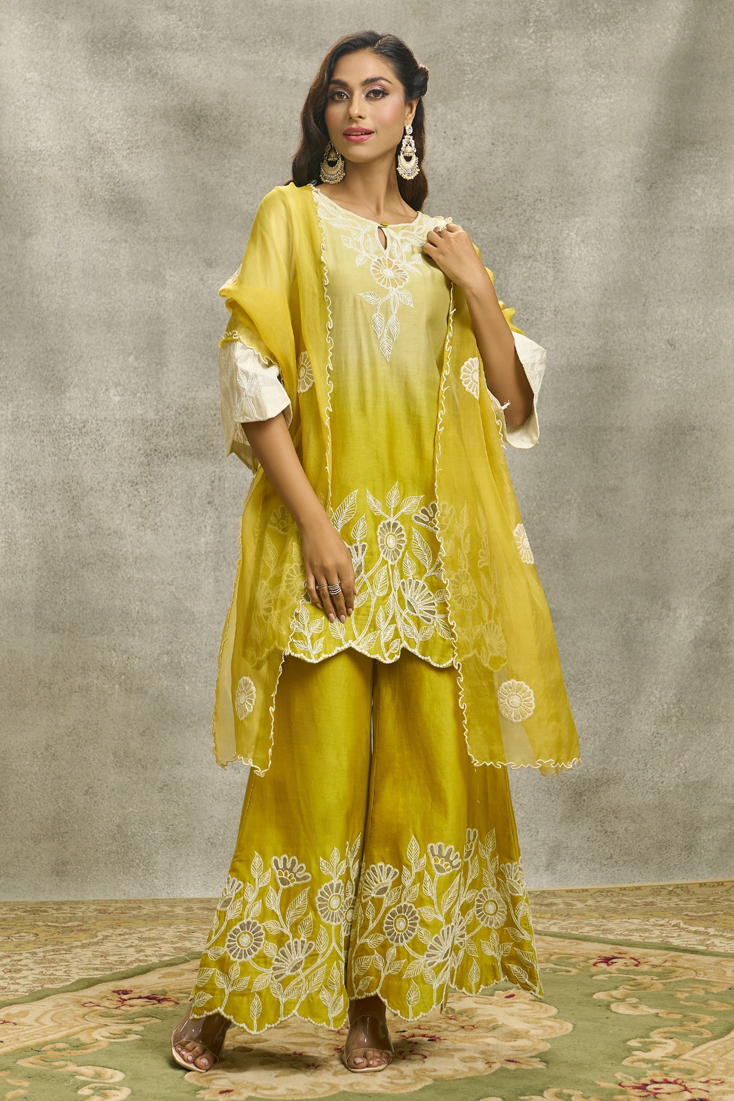 Buy Yellow Silk Chanderi Embroidered Floral Cutwork Dori Kurta Set With