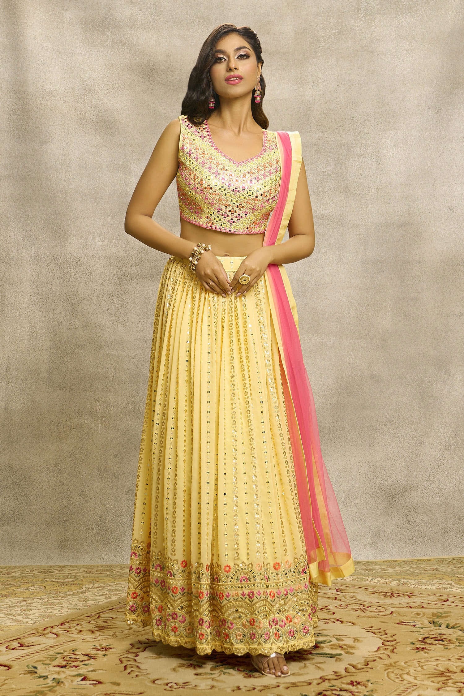 Buy Yellow Blouse Silk Embroidery Sequin Leaf Neck Lehenga Set For