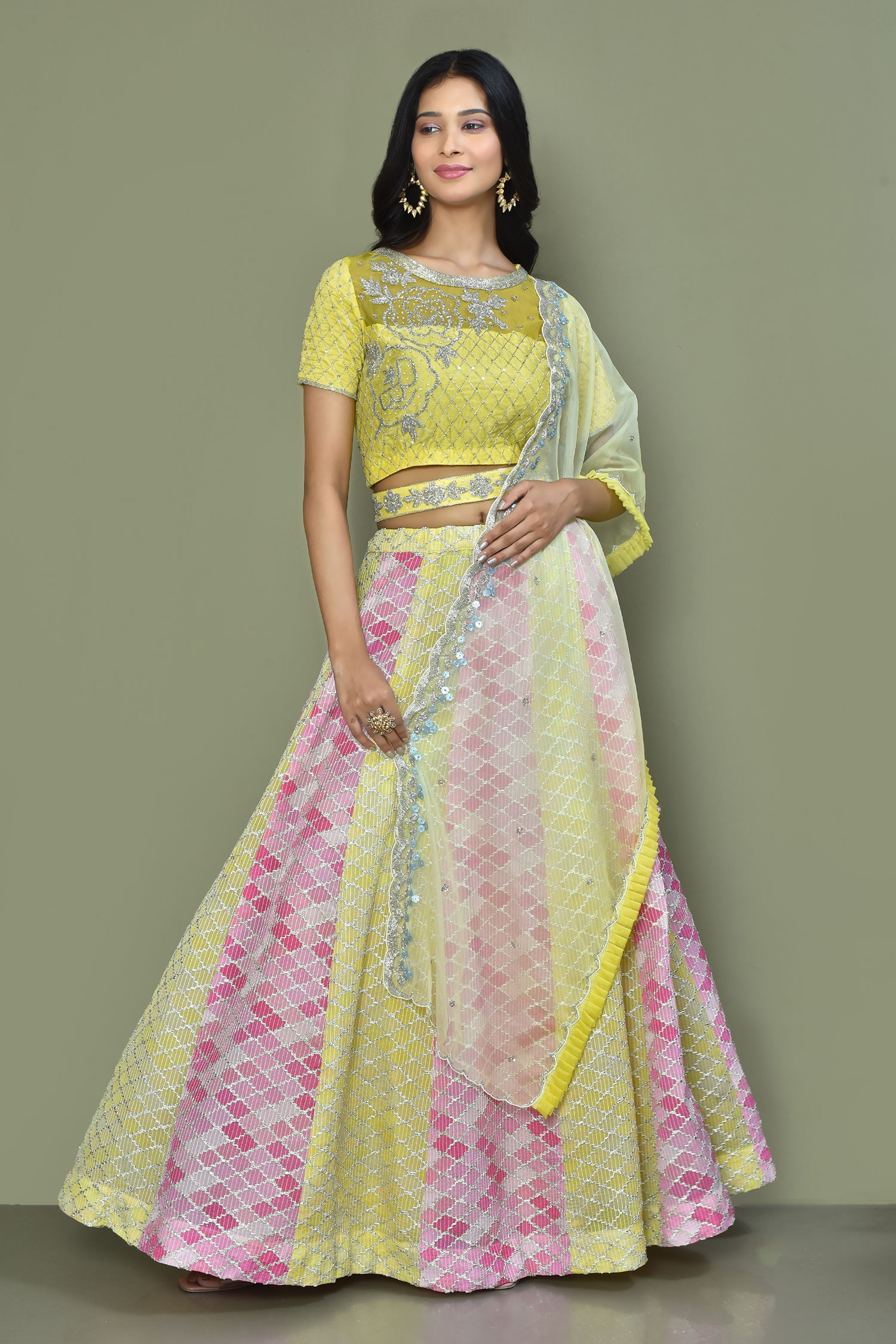 Buy Yellow Lehenga Georgette Self Weave Embroidered Sequin Set With