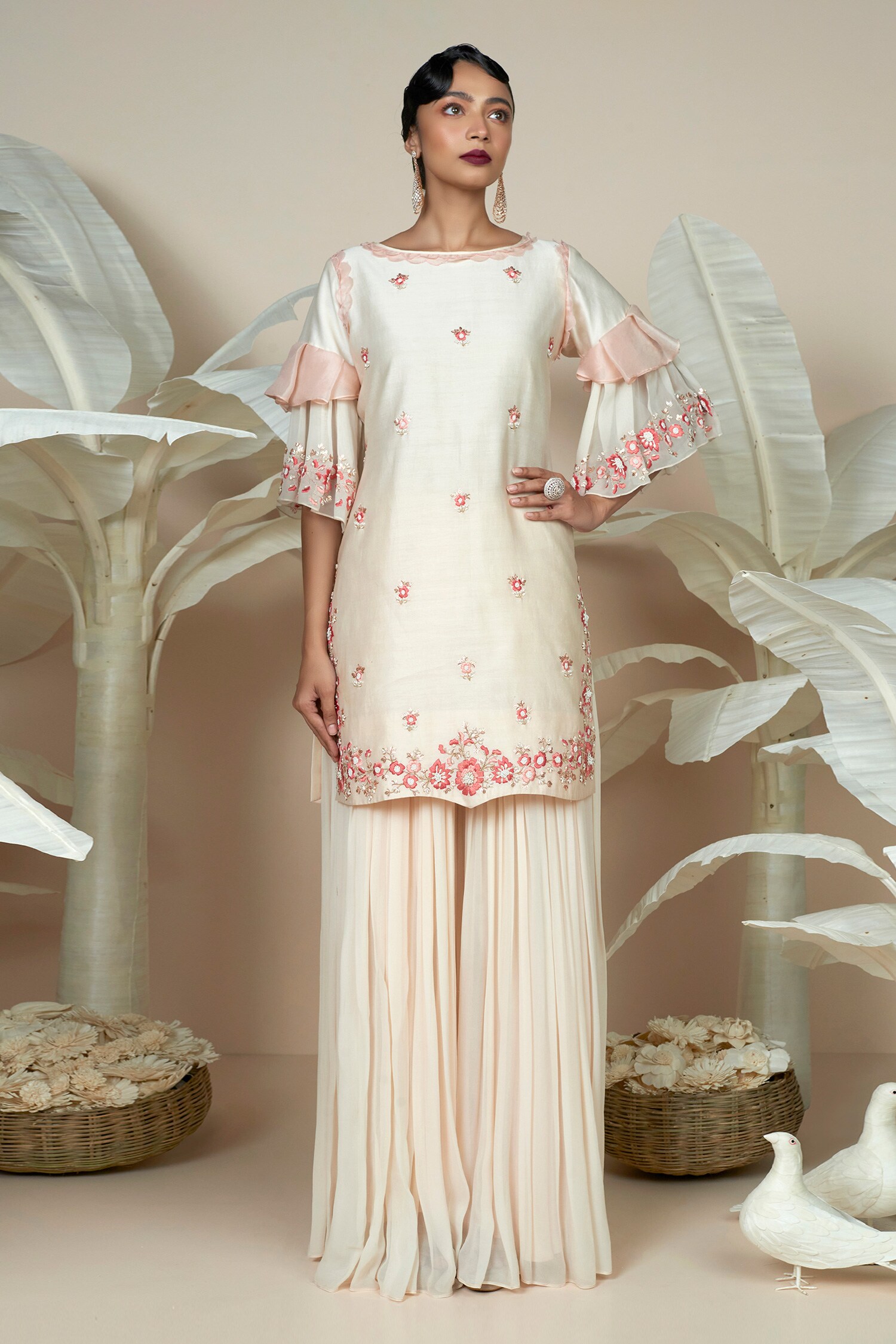 Buy Peach Chanderi Embroidery Flower Round Neck Kurta With Sharara For