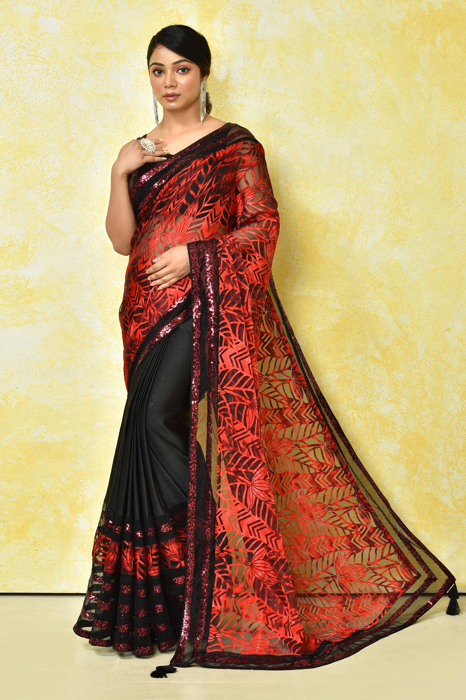 Buy Red Saree Brasso With Crepe Embroidered Sequin Applique Work