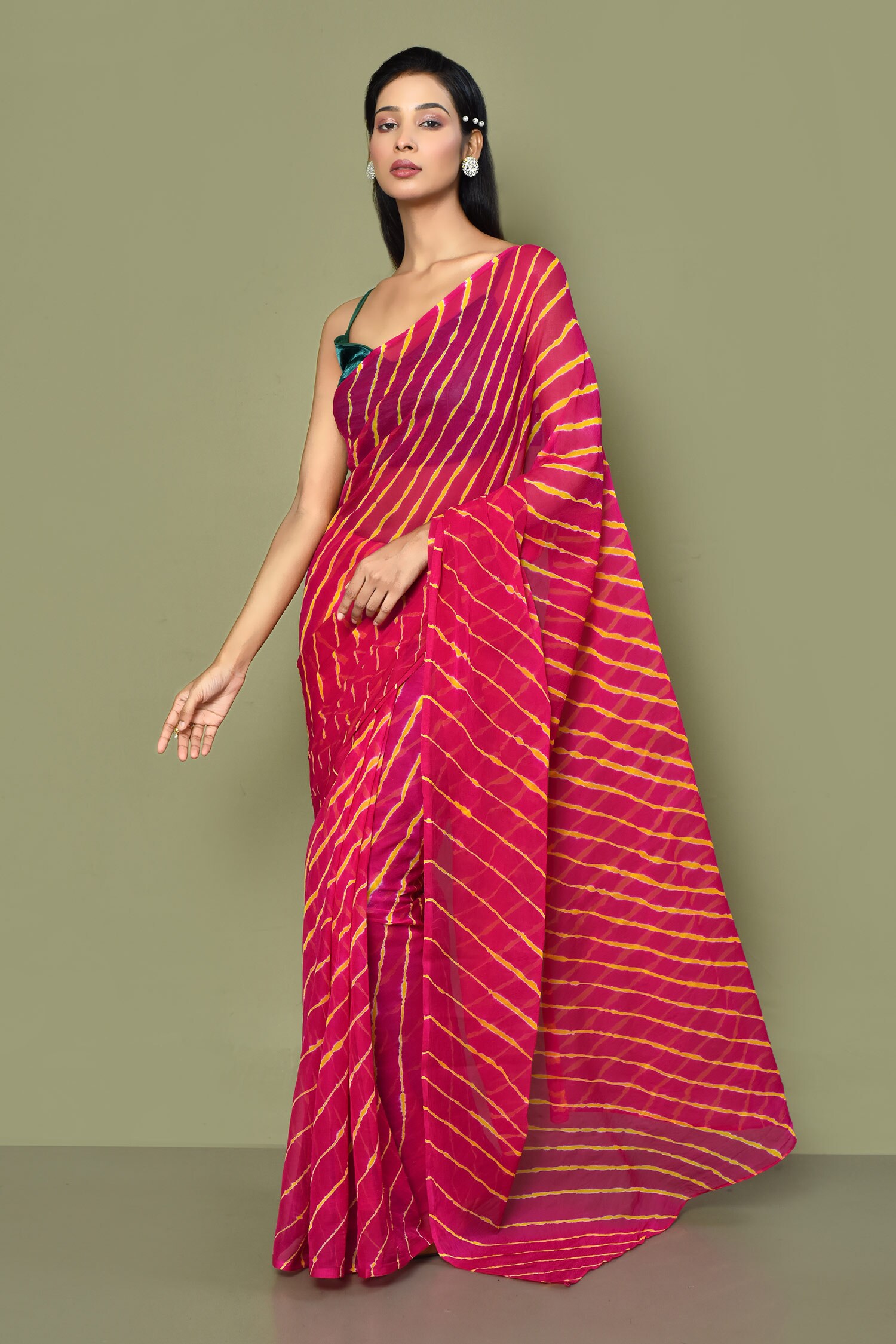 Buy Pink Pure Chiffon Tie Dye Leheriya Pattern Saree With Running