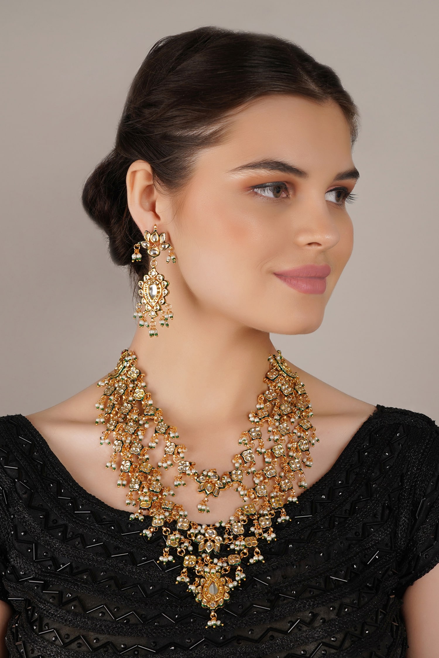 Buy White Kundan Pearl And Embellished Layered Necklace Set By Chhavi S