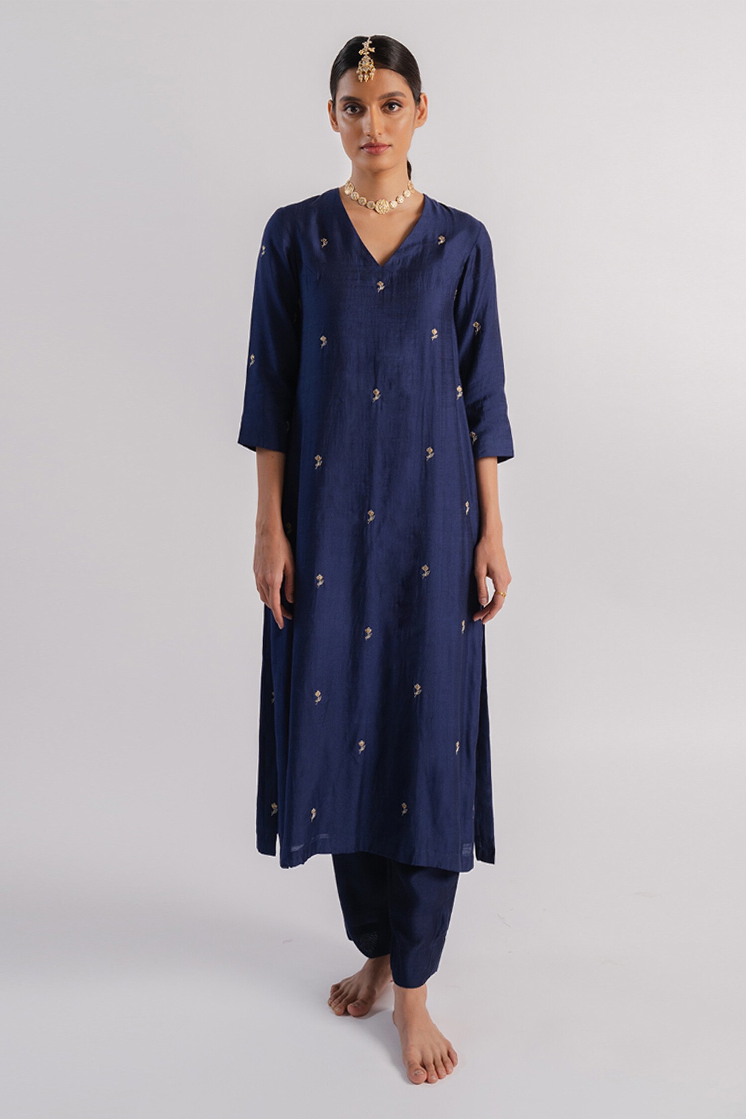 Buy Blue Spun Silk Hand Embroidered Sequins V Placement Kurta And Pant