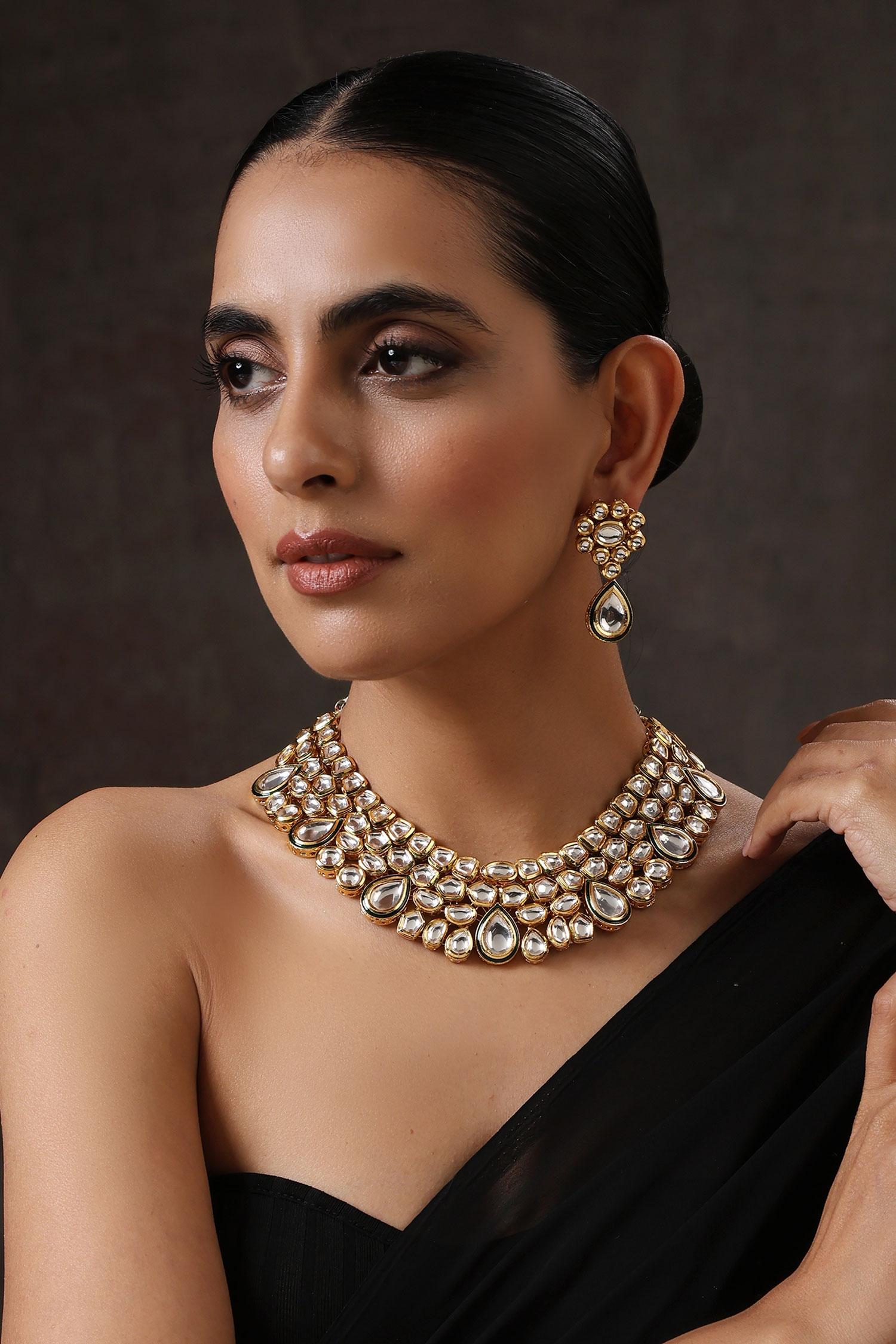 Buy White Kundan Embellished And Meenakari Work Geometric Cut Necklace