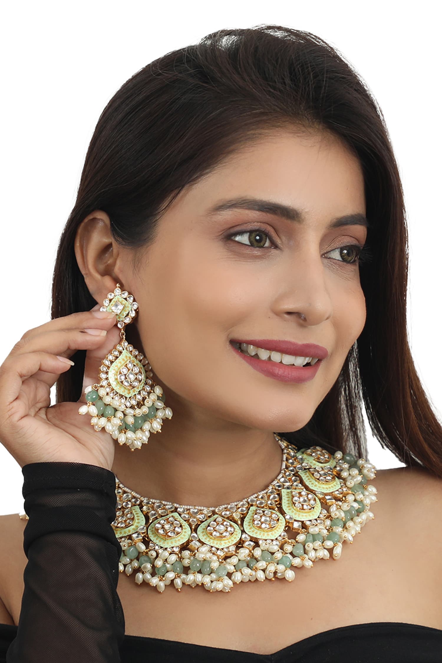 Buy Gold Plated Real Jadtar Stones Meenakari Choker Set By Riana