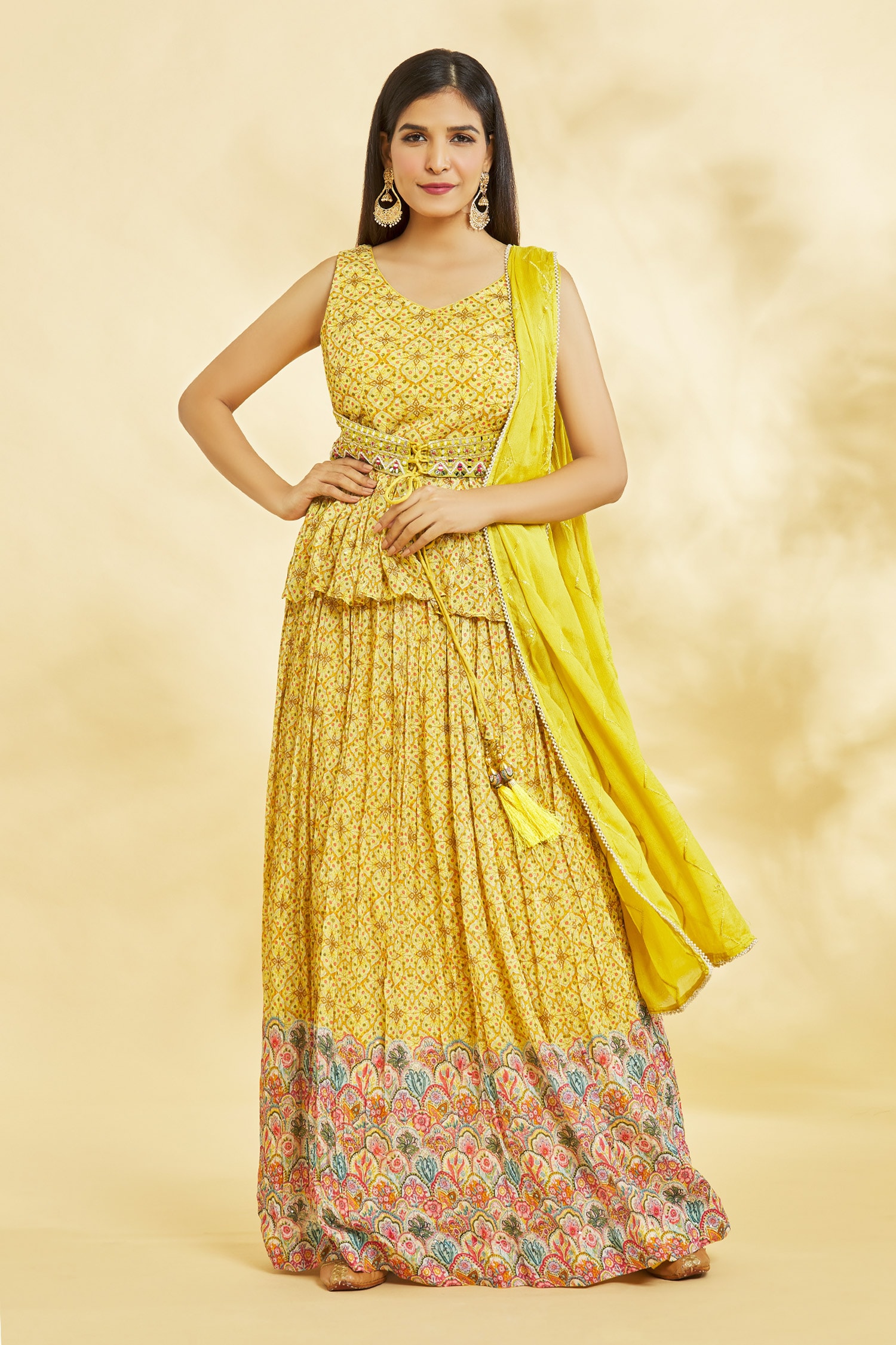 Buy Khwaab By Sanjana Lakhani Yellow Embroidered Peplum Top Lehenga Ser