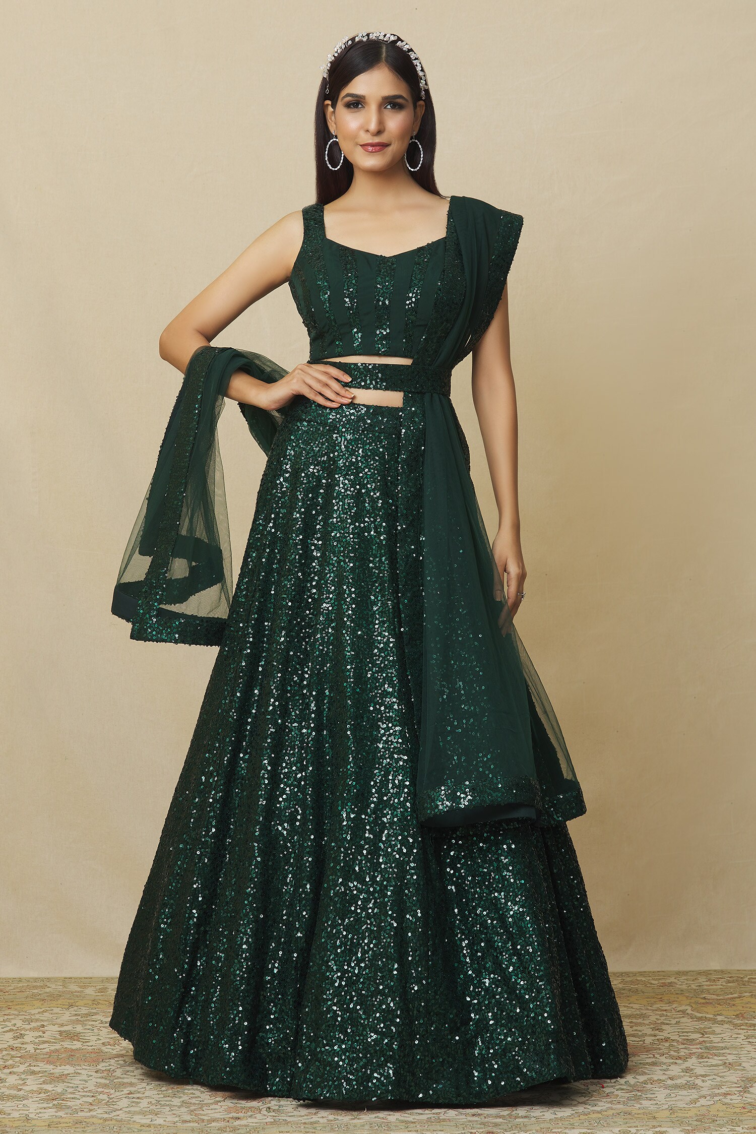 Buy Green Sequin Georgette Embroidered Embellished Flared Lehenga Set