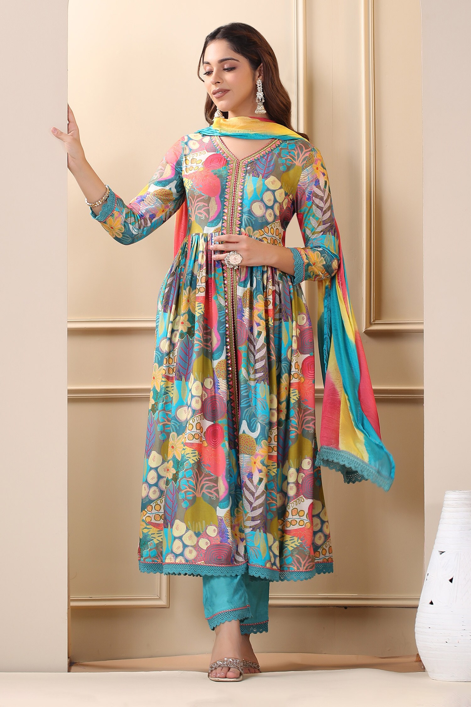 Buy Blue Anarkali Muslin Printed Floral V Neck Flower Front Slit Set