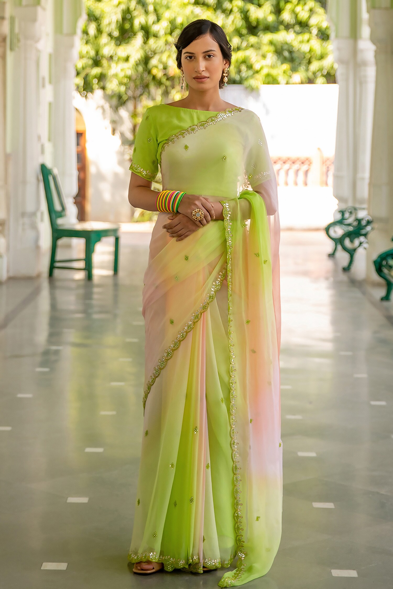 Buy Multi Color Chiffon Hand Embroidered Shaded Saree With Unstitched