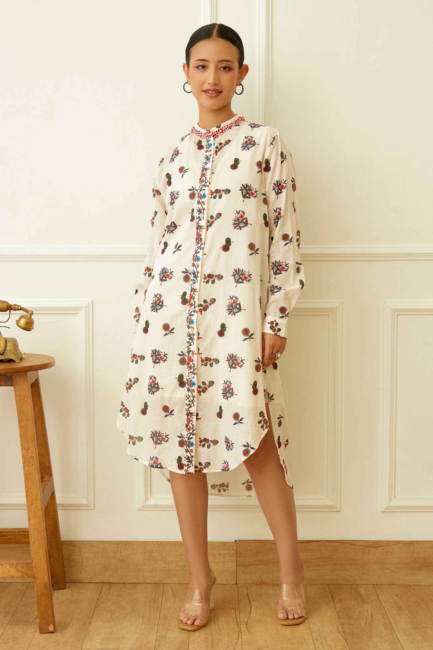 Buy Ivory Cotton Print Floral Collared Neck Kohinoor Buta Shirt Dress