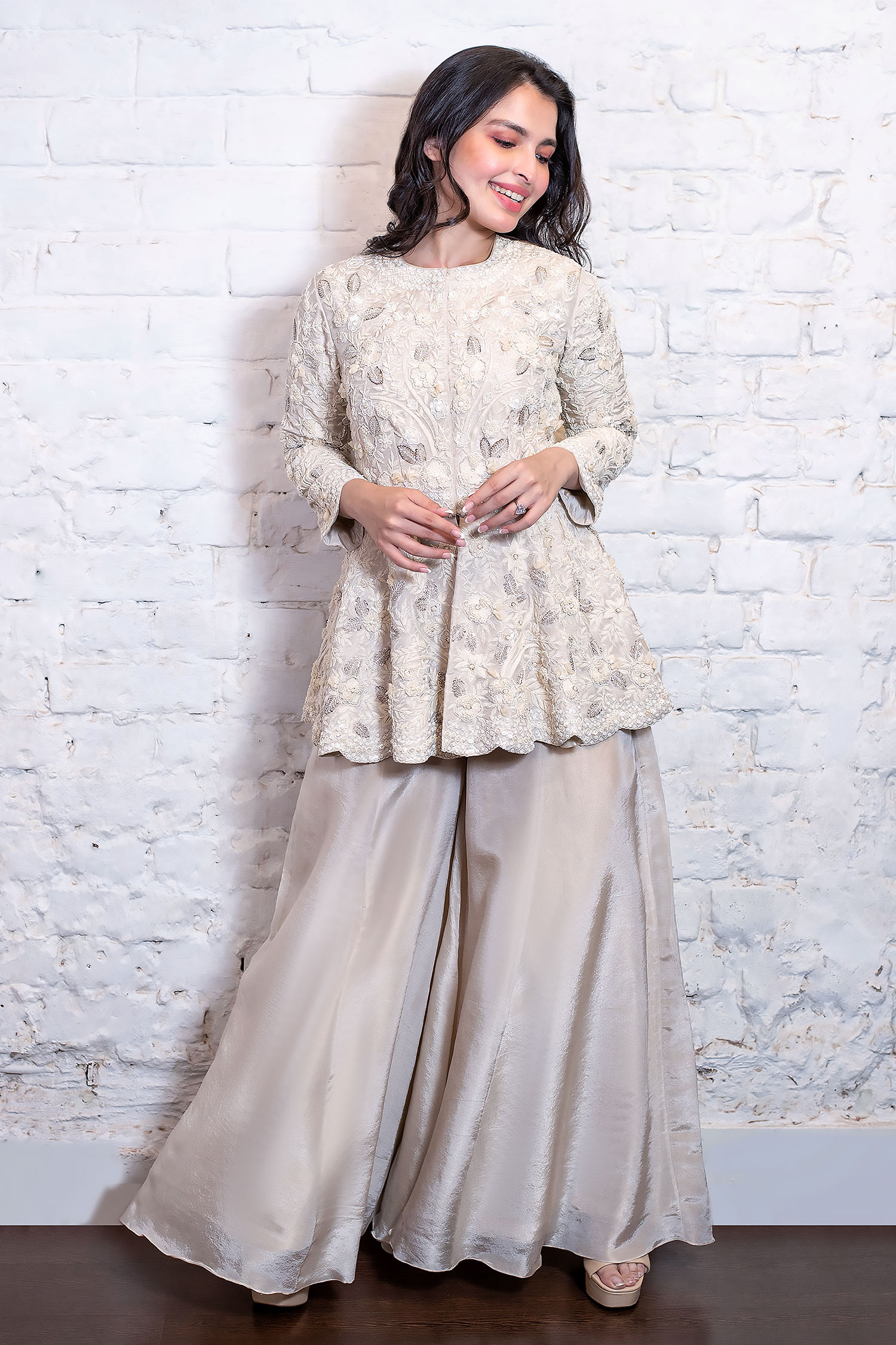 Buy Ivory Silk Tissue Embroidered Resham Round Peplum Kurta And Pant