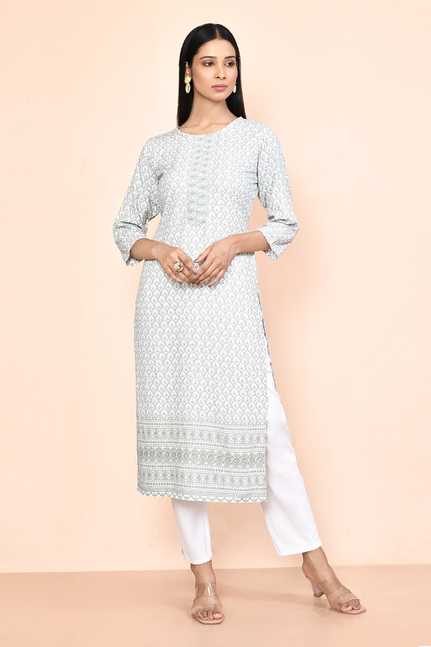 Buy Adara Khan Grey Viscose Rayon Thread Embroidered Straight Kurta