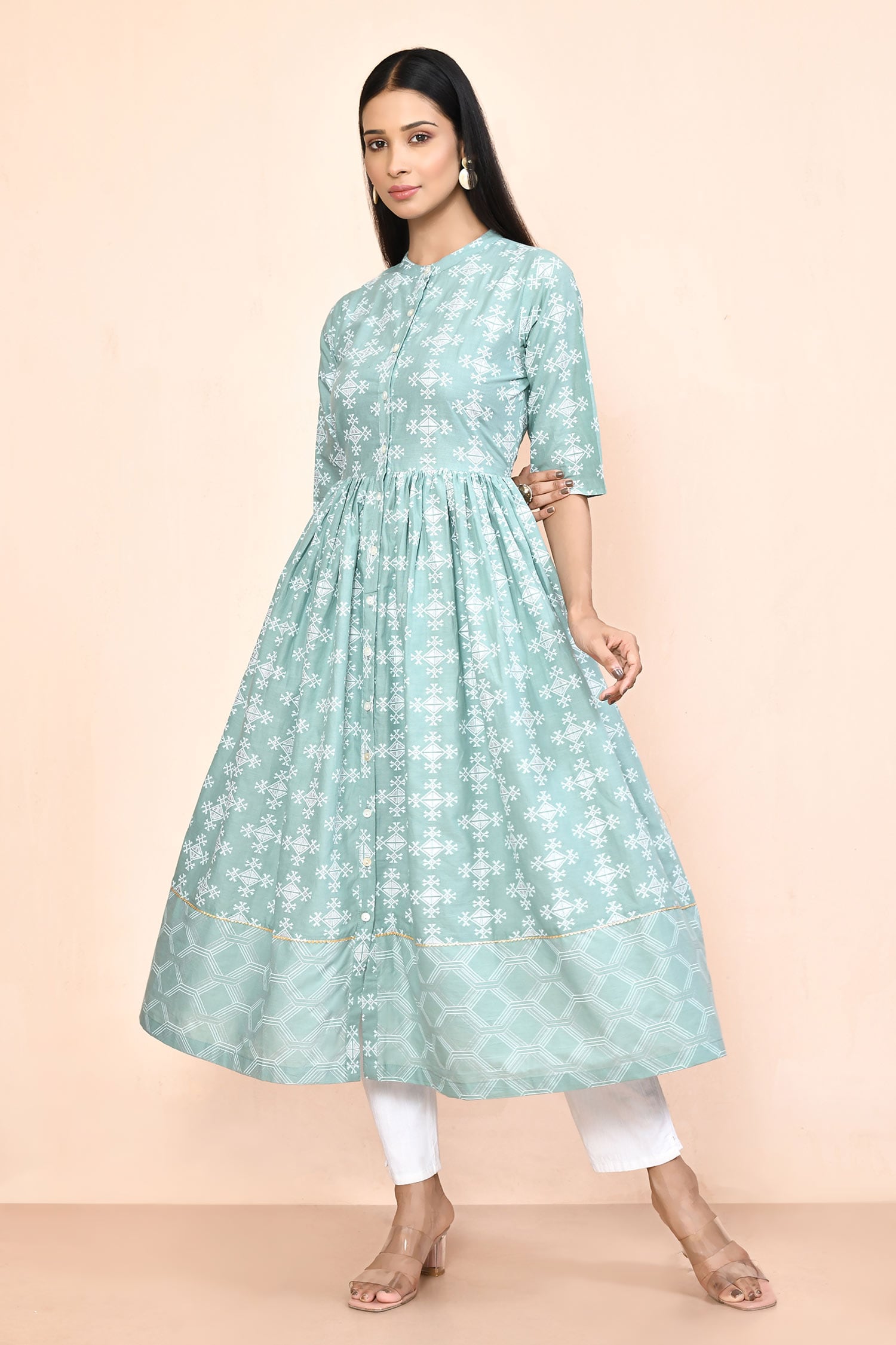 Buy Green Cotton Printed Digital Mandarin Collar A Line Kurta For Women